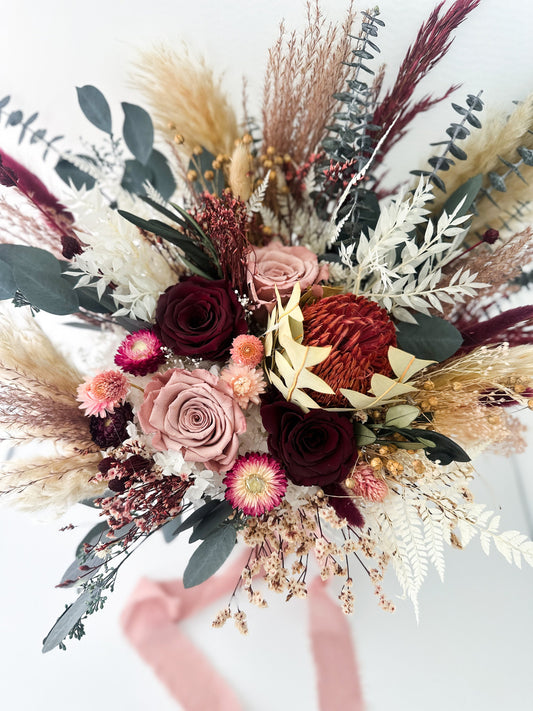 Dusty Rose, Burgundy + Greenery Pampas Grass Bouquet/ Bride and Bridesmaids/ Dried Flower Bouquet/ Wedding Flowers