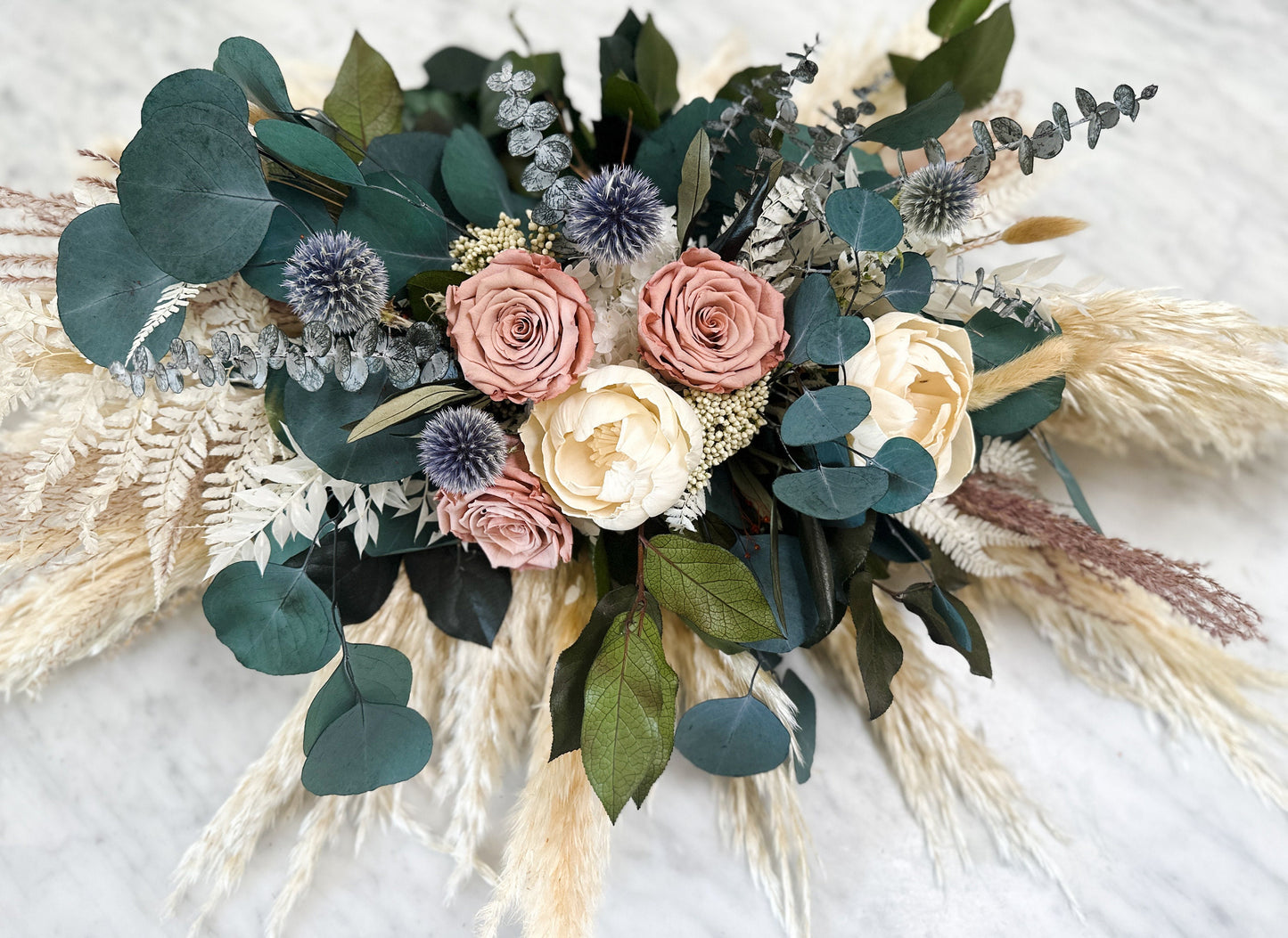 Dusty Rose, Dusty Blue + Eucalyptus Sweetheart Table Centerpiece