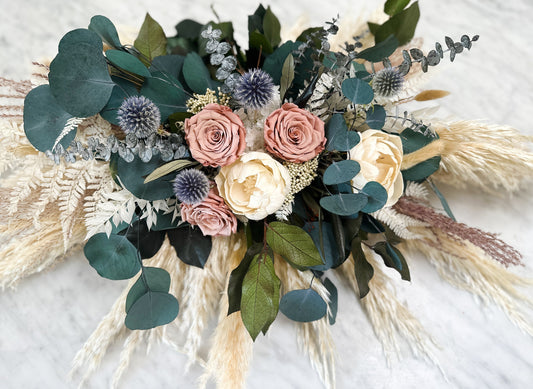 Dusty Rose, Dusty Blue + Eucalyptus Sweetheart Table Centerpiece