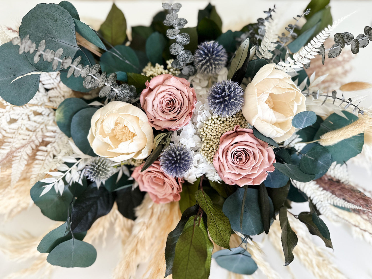 Dusty Rose, Dusty Blue + Eucalyptus Sweetheart Table Centerpiece