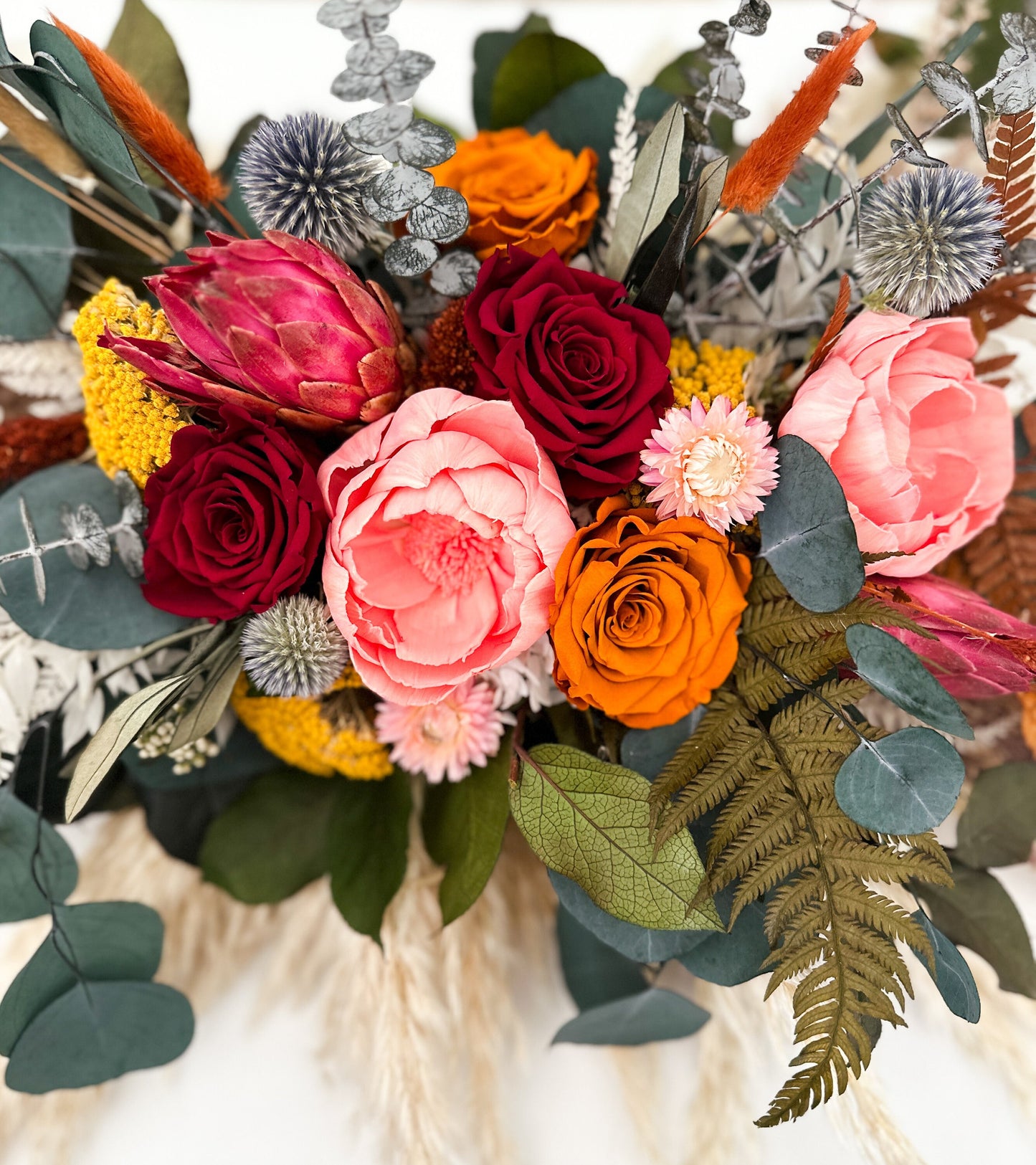 Colorful Dried Flower + Pampas Grass Sweetheart Table Centerpiece