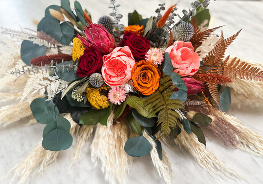 Colorful Dried Flower + Pampas Grass Sweetheart Table Centerpiece