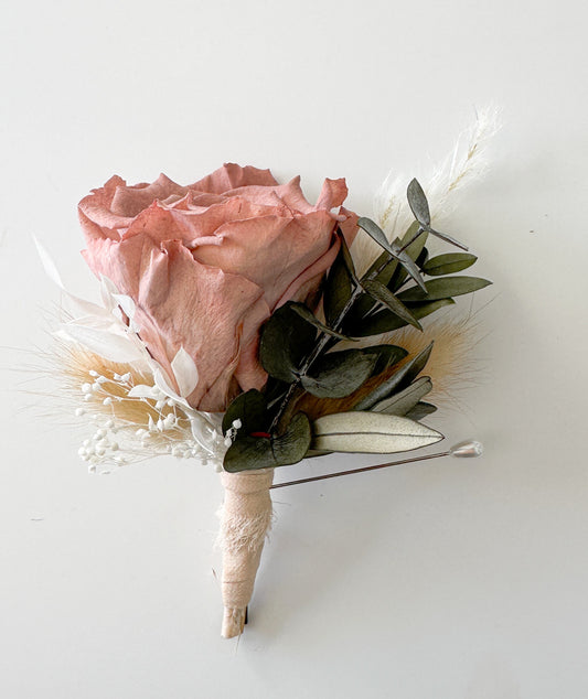 Dusty Rose and Eucalyptus Boutonniere/ Wedding Flowers/ Groom and Groomsmen