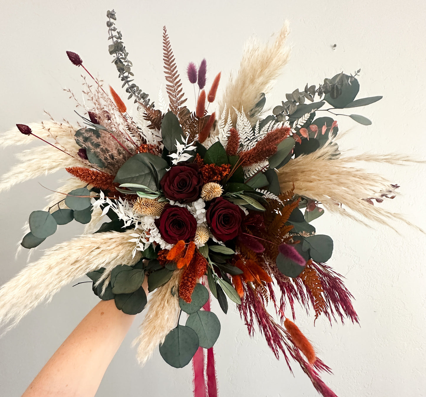 Burgundy, Terracotta + Eucalyptus Dried Flower Bouquet/ Bride and Bridesmaids/ Dried Flower Bouquet/ Wedding Flowers