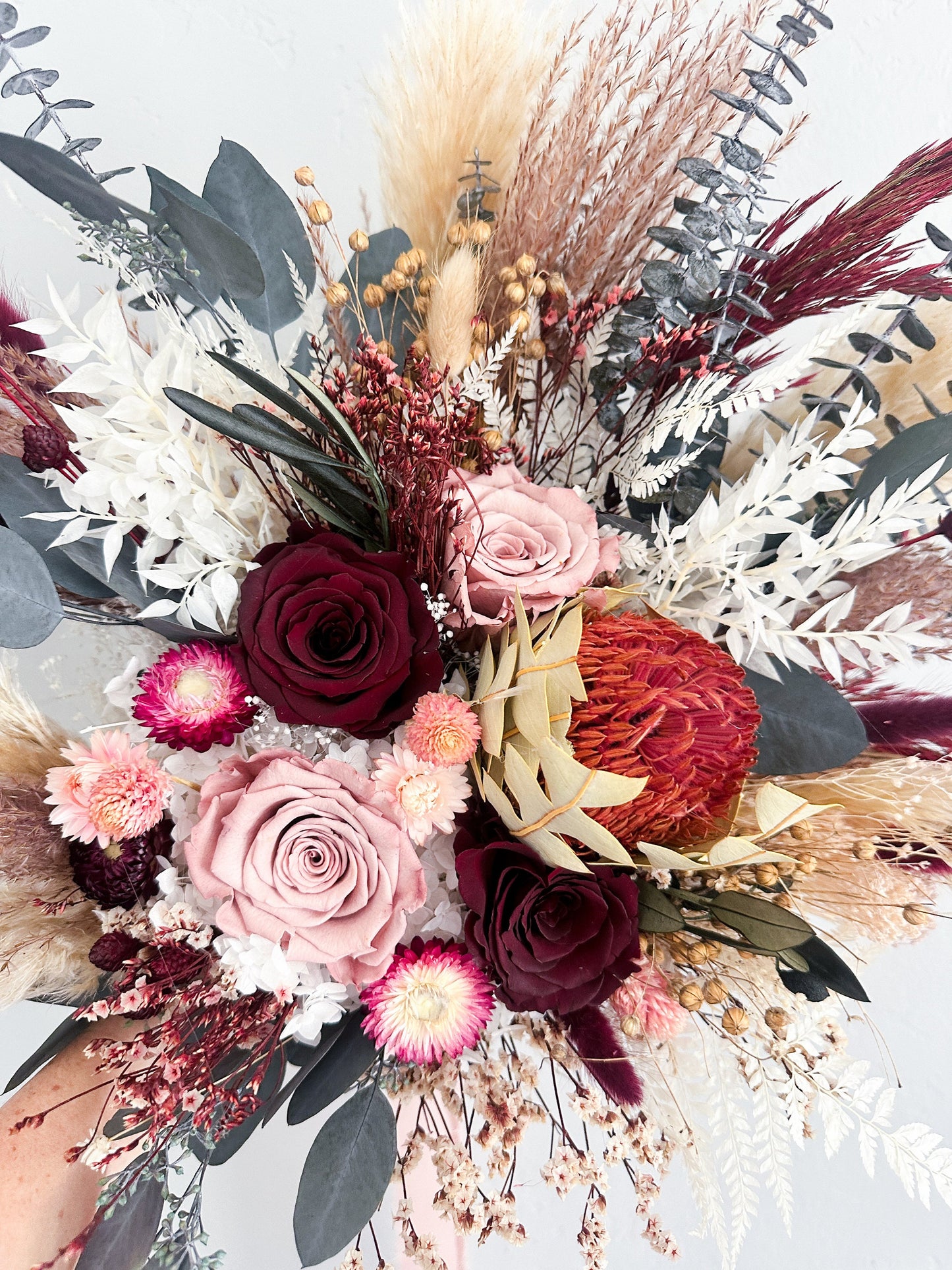 Dusty Rose, Burgundy + Greenery Pampas Grass Bouquet/ Bride and Bridesmaids/ Dried Flower Bouquet/ Wedding Flowers