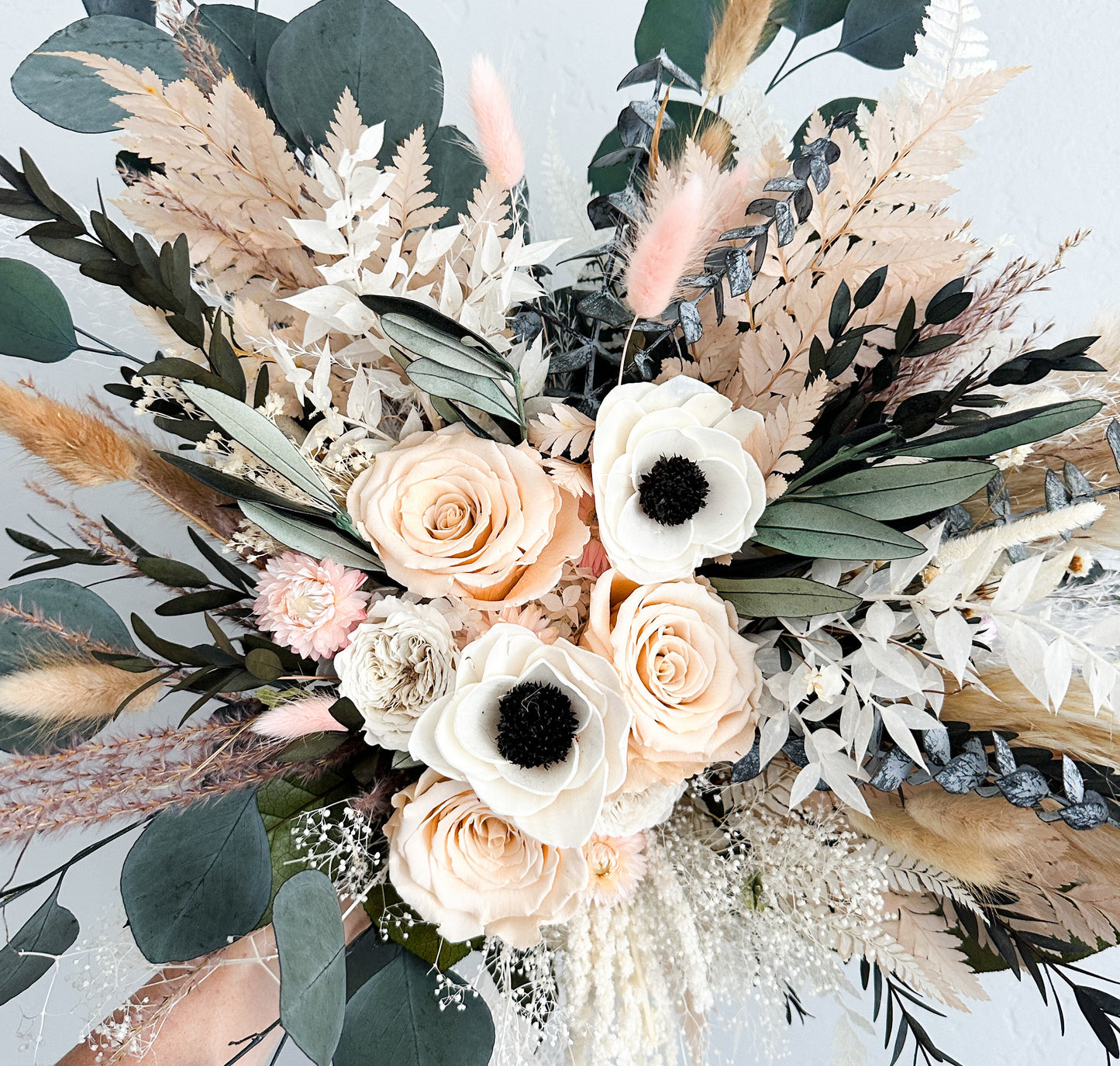 Blush Rose, Black and White Anemone + Greenery Dried Floral Bouquet/ Wedding Flowers/ Bride and Bridesmaids Bouquets