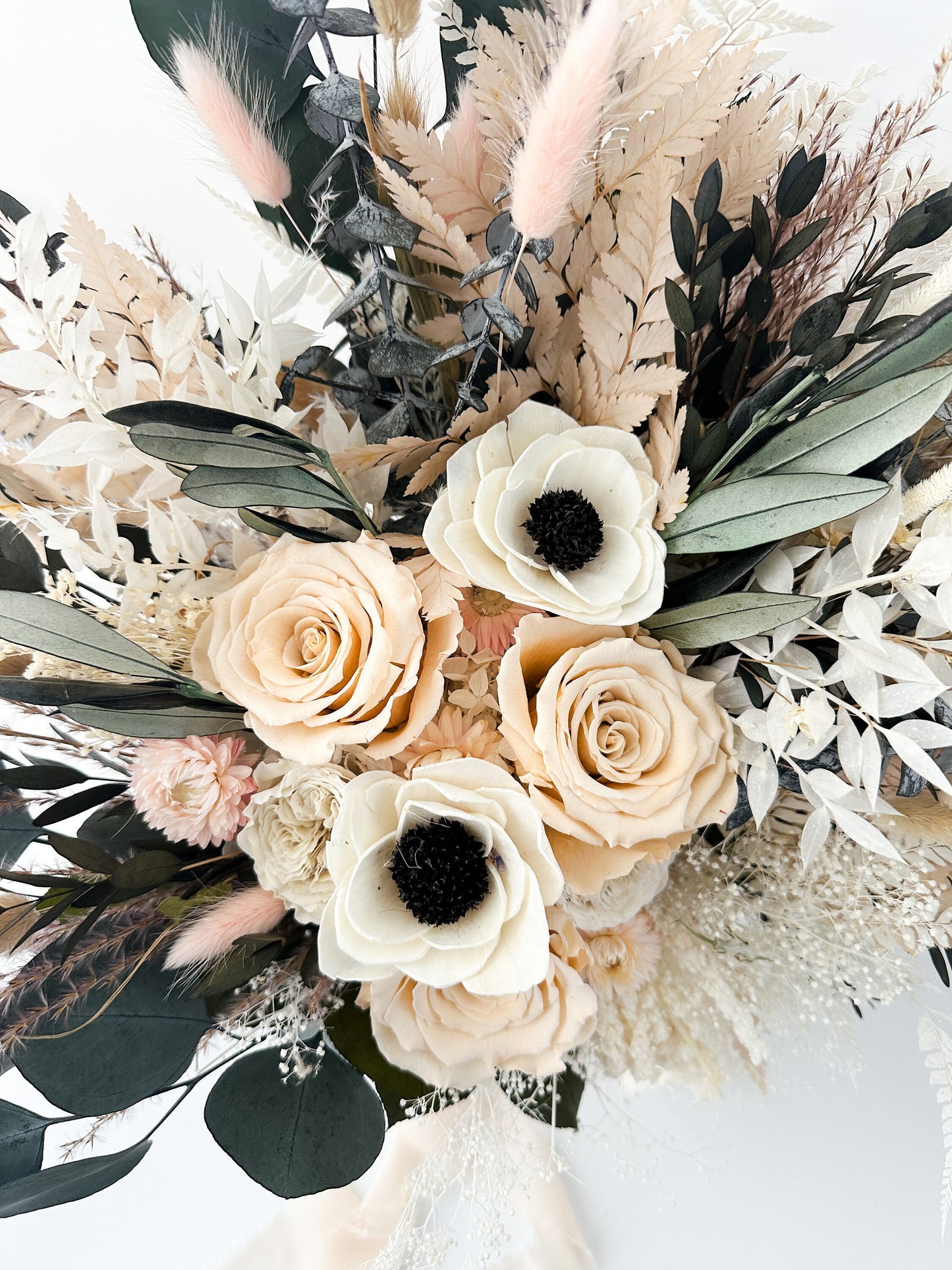 Blush Rose, Black and White Anemone + Greenery Dried Floral Bouquet/ Wedding Flowers/ Bride and Bridesmaids Bouquets
