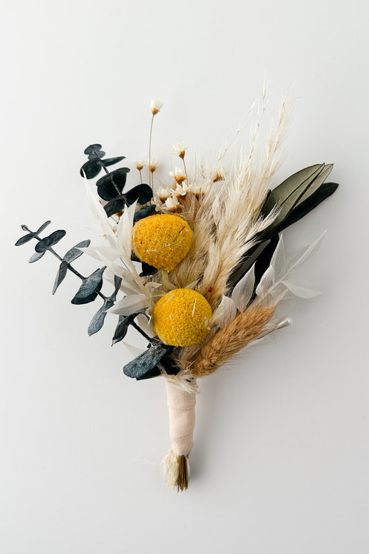 Yellow Craspedia Greenery Boutonniere / Wedding Flowers/ Groom and Groomsmen