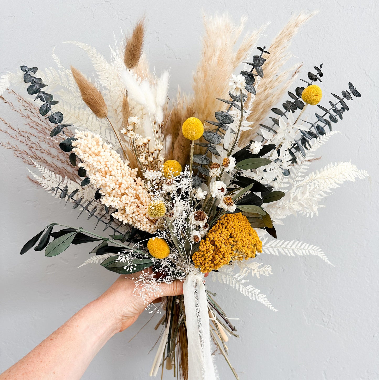 Yellow + Olive Wildflower Pampas Grass Bouquet/ Bride and Bridesmaids/ Dried Flower Bouquet/ Wedding Flowers