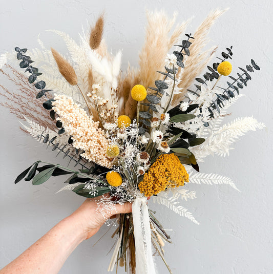 Yellow + Olive Wildflower Pampas Grass Bouquet/ Bride and Bridesmaids/ Dried Flower Bouquet/ Wedding Flowers