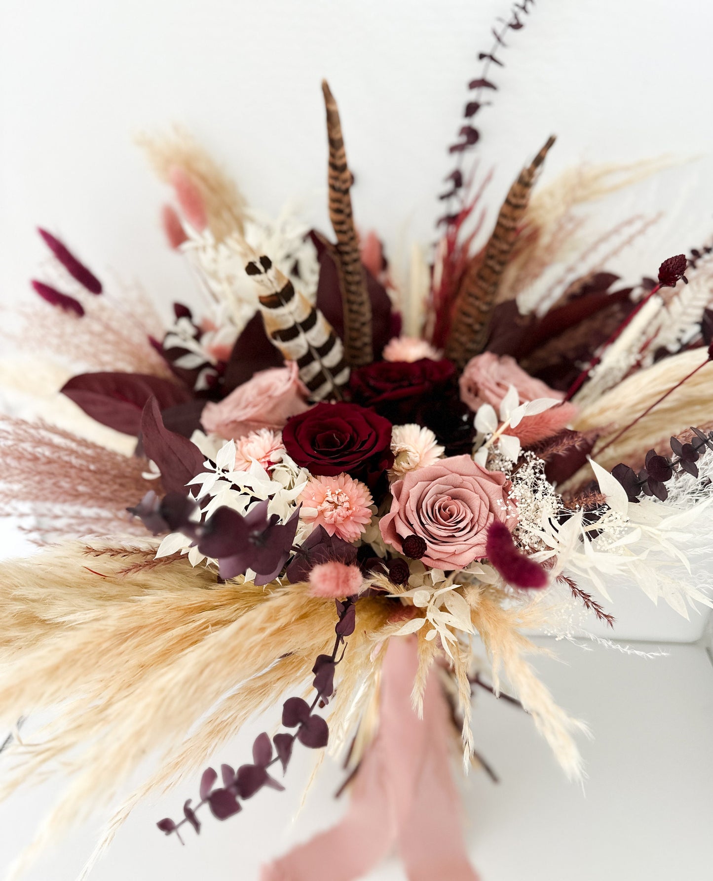 Dusty Rose, Blush + Burgundy Pampas Grass Bouquet/ Bride and Bridesmaids/ Dried Flower Bouquet/ Wedding Flowers