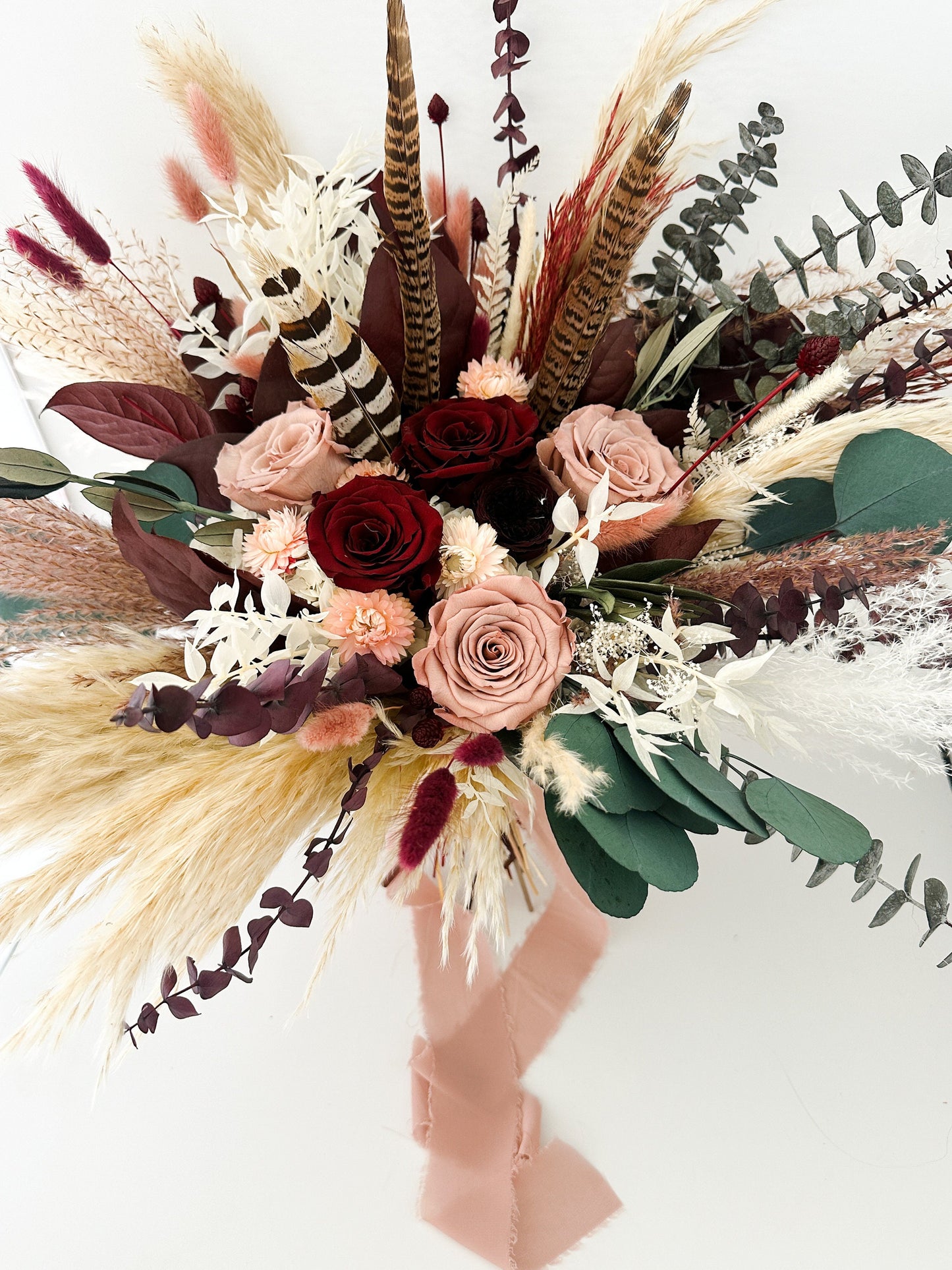Dusty Rose, Blush, Burgundy + Greenery Pampas Grass Bouquet/ Bride and Bridesmaids/ Dried Flower Bouquet/ Wedding Flowers