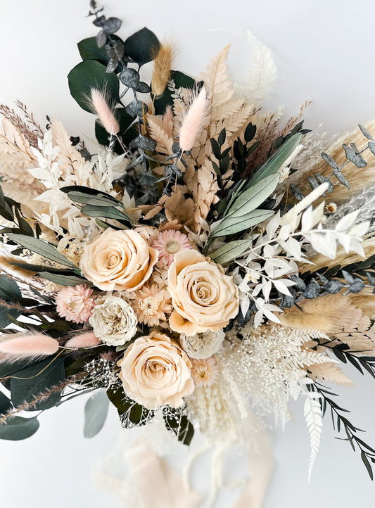 Blush Rose, Nude + Greenery Dried Floral Bouquet/ Wedding Flowers/ Bride and Bridesmaids Bouquets