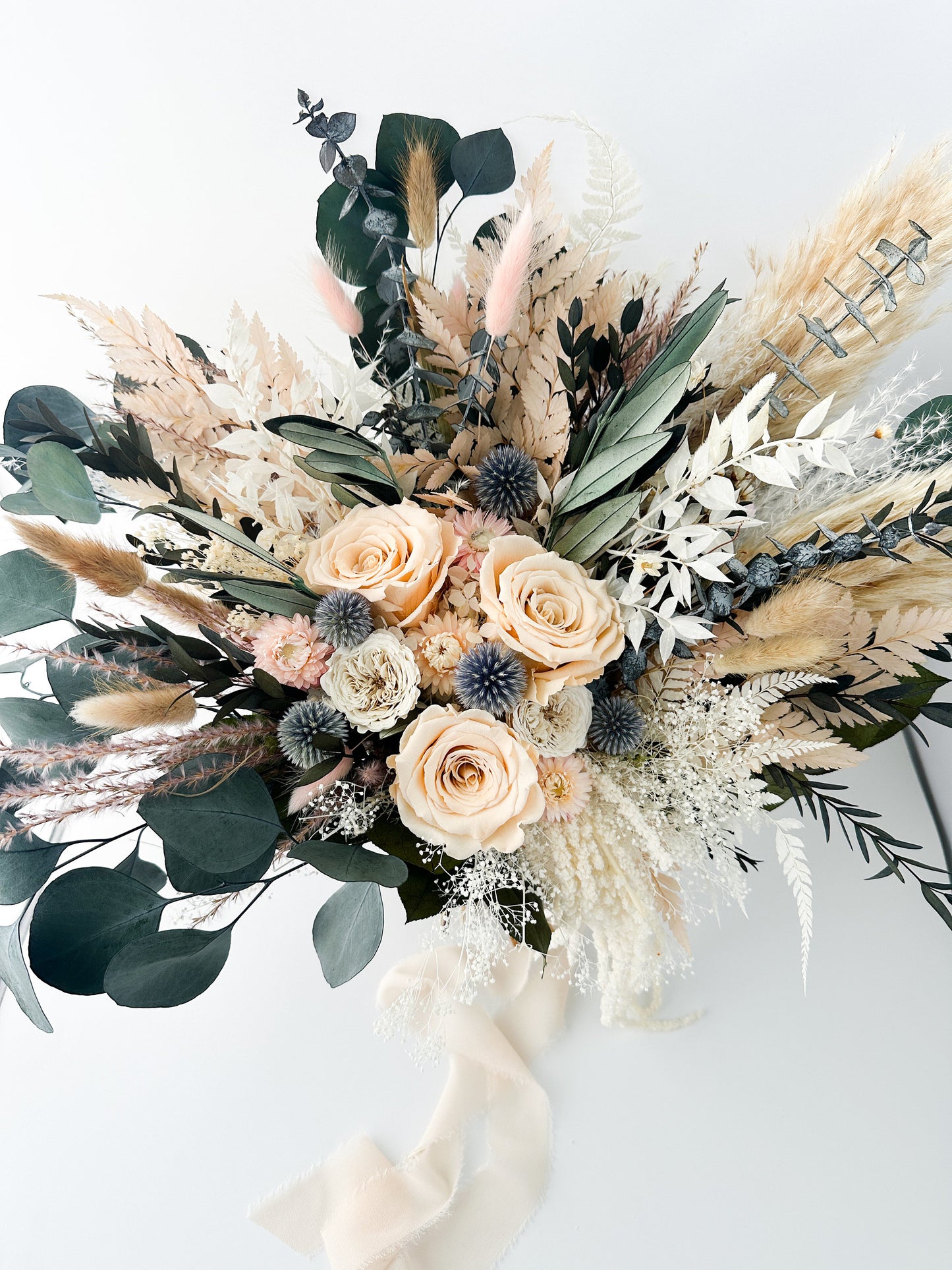 Blush Rose, Dusty Blue + Greenery Dried Floral Bouquet/ Wedding Flowers/ Bride and Bridesmaids Bouquets