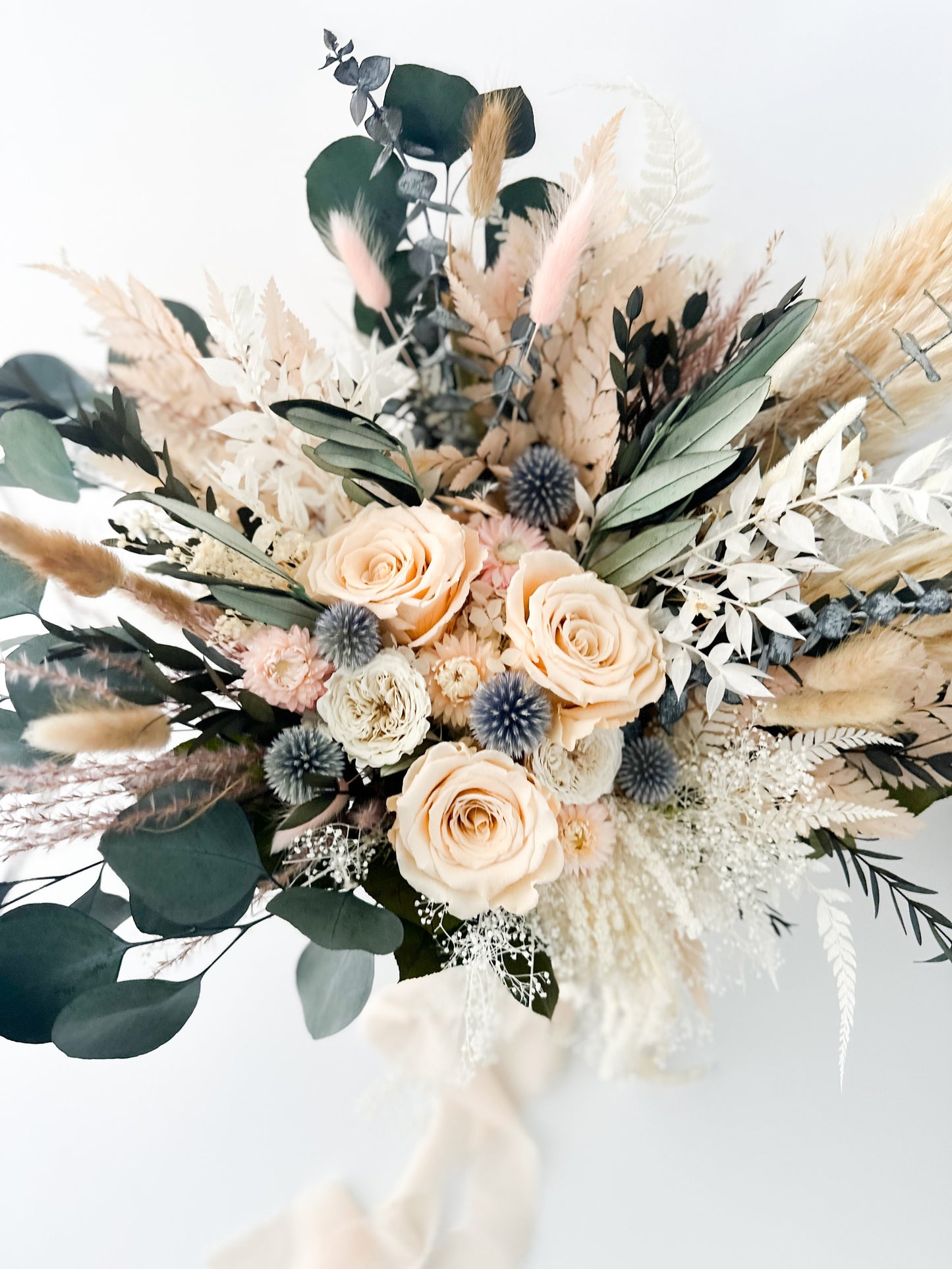 Blush Rose, Dusty Blue + Greenery Dried Floral Bouquet/ Wedding Flowers/ Bride and Bridesmaids Bouquets