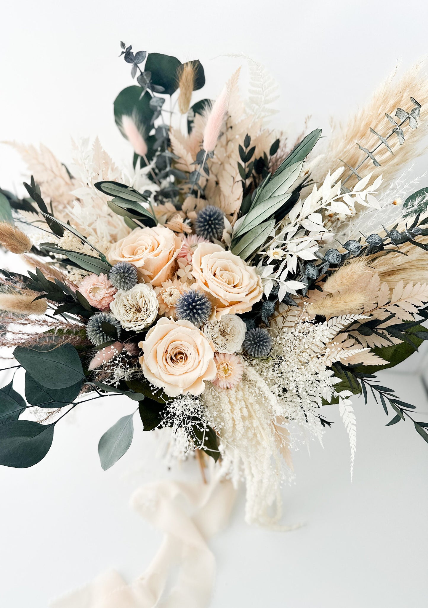 Blush Rose, Dusty Blue + Greenery Dried Floral Bouquet/ Wedding Flowers/ Bride and Bridesmaids Bouquets