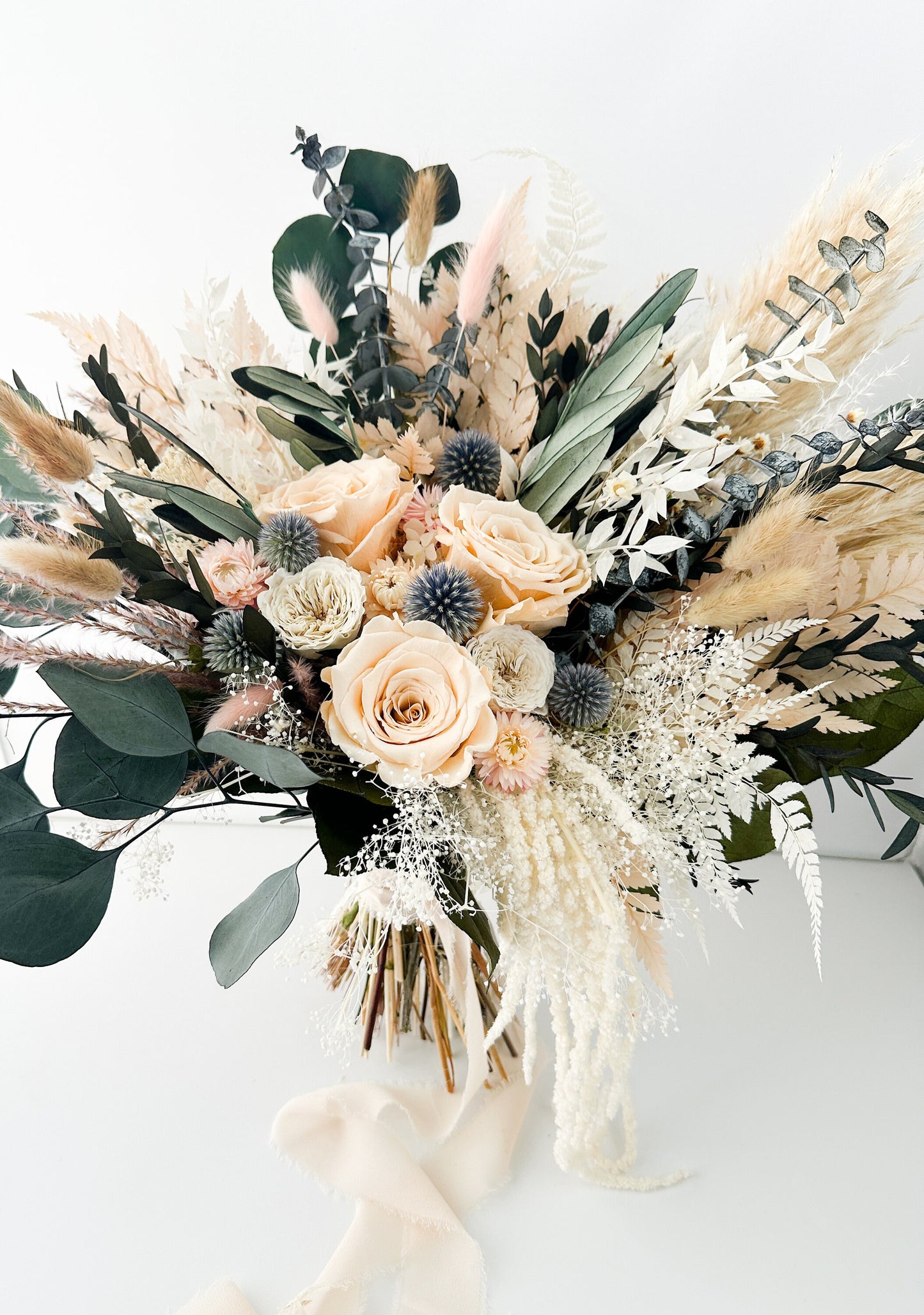 Blush Rose, Dusty Blue + Greenery Dried Floral Bouquet/ Wedding Flowers/ Bride and Bridesmaids Bouquets
