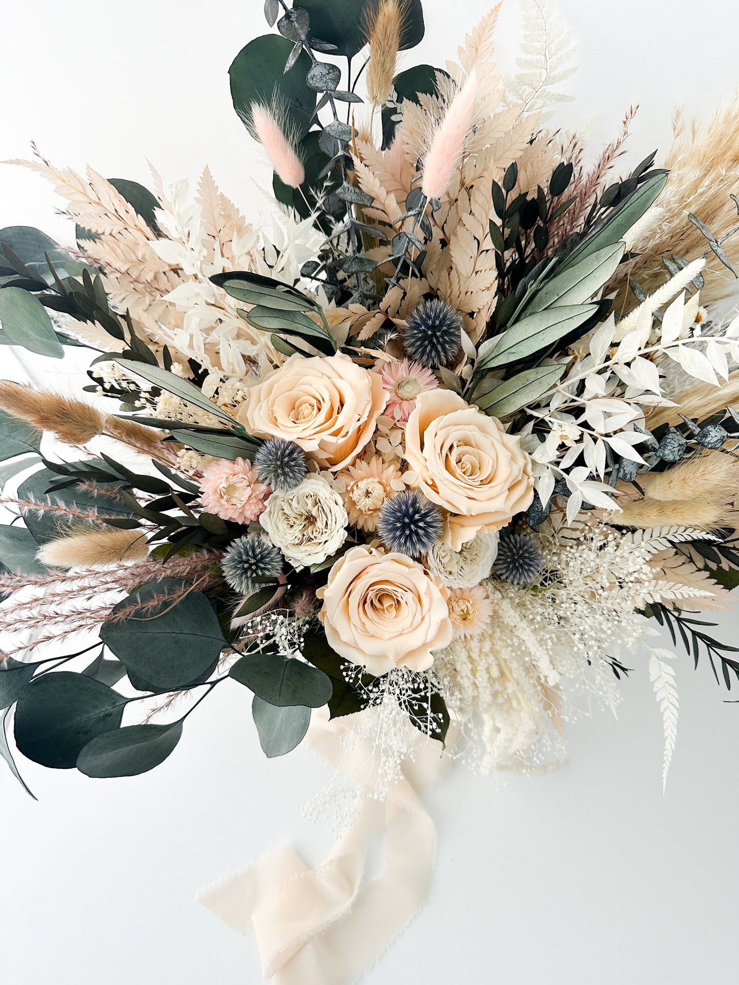 Blush Rose, Dusty Blue + Greenery Dried Floral Bouquet/ Wedding Flowers/ Bride and Bridesmaids Bouquets