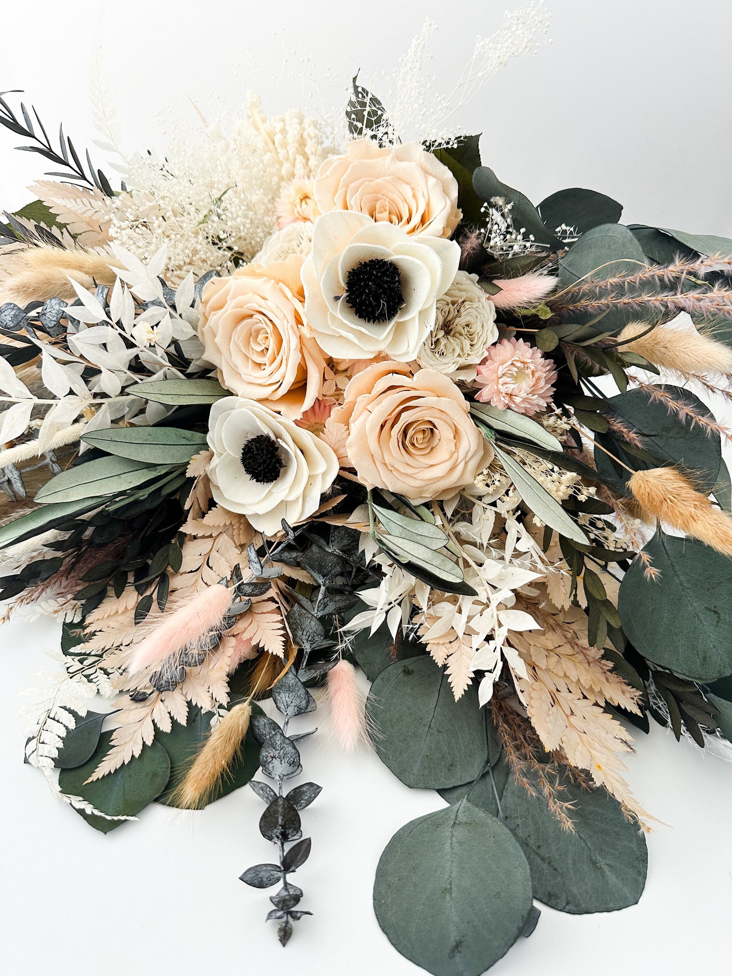 Blush Rose, Black and White Anemone + Greenery Dried Floral Bouquet/ Wedding Flowers/ Bride and Bridesmaids Bouquets