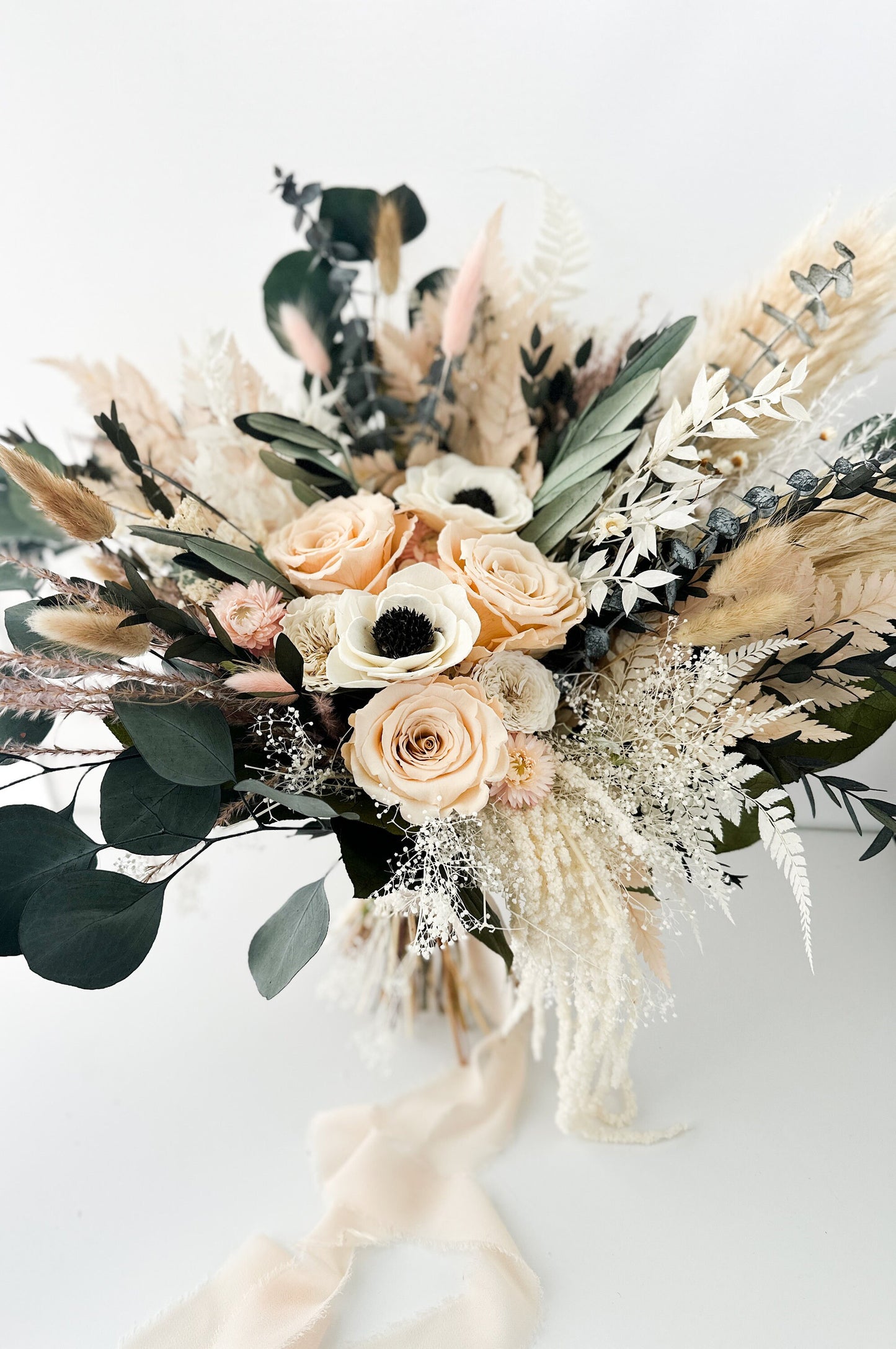 Blush Rose, Black and White Anemone + Greenery Dried Floral Bouquet/ Wedding Flowers/ Bride and Bridesmaids Bouquets