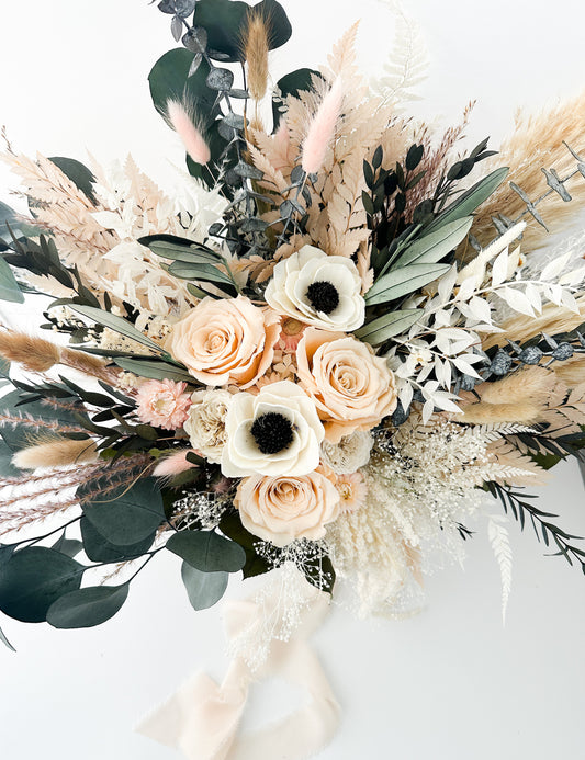 Blush Rose, Black and White Anemone + Greenery Dried Floral Bouquet/ Wedding Flowers/ Bride and Bridesmaids Bouquets