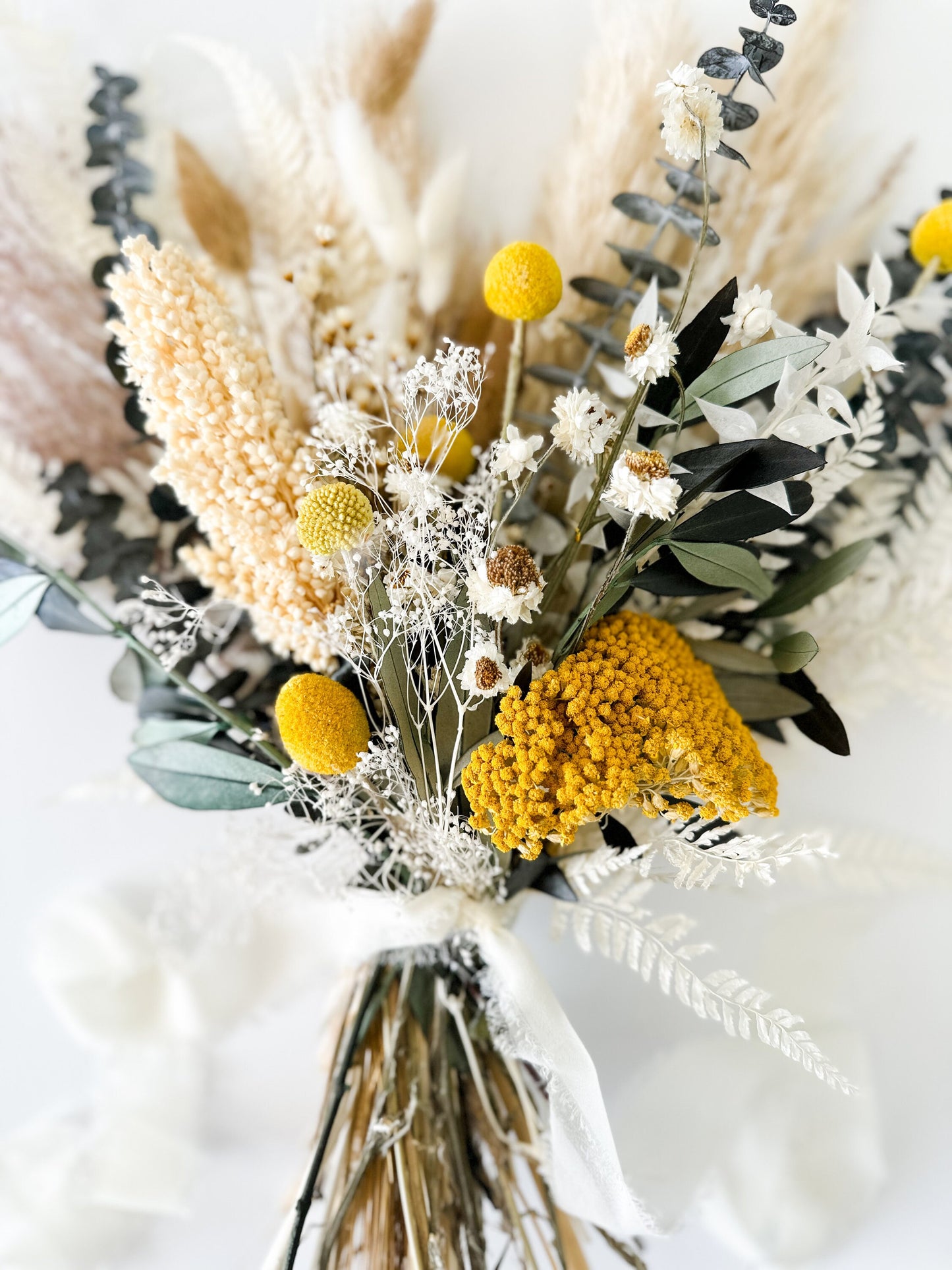 Yellow + Olive Wildflower Pampas Grass Bouquet/ Bride and Bridesmaids/ Dried Flower Bouquet/ Wedding Flowers