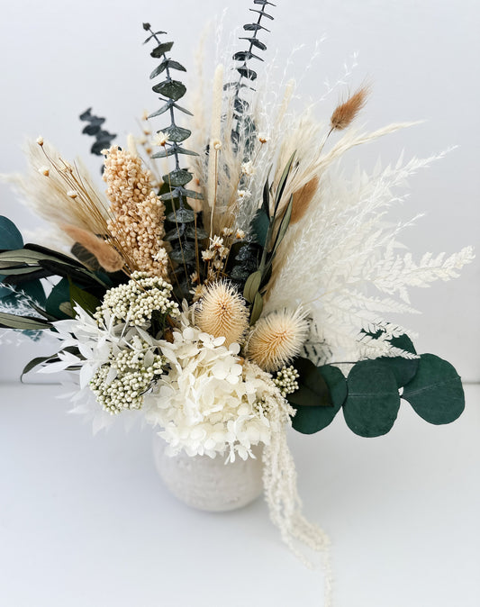 White + Eucalyptus Dried Flower Vase Arrangement / Centerpieces / Home Decor