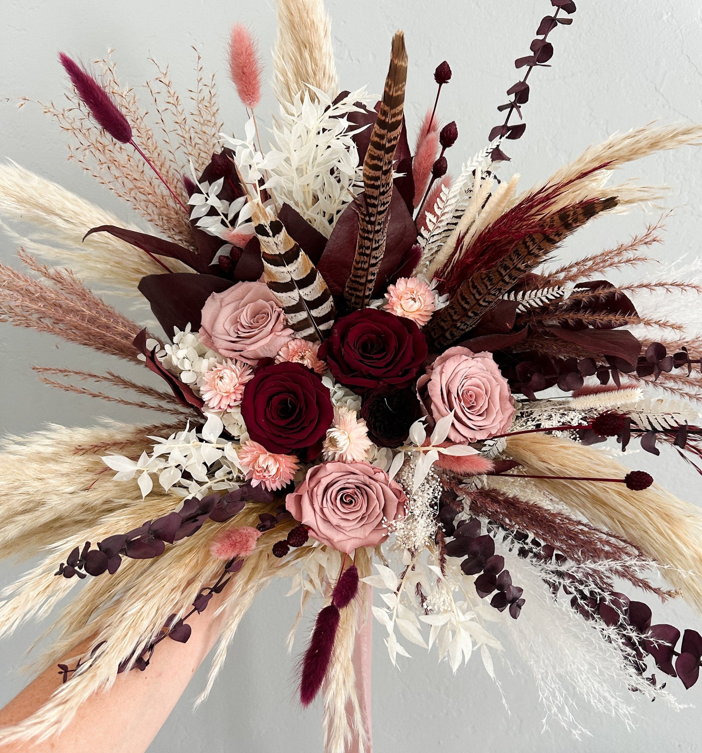 Dusty Rose, Blush + Burgundy Pampas Grass Bouquet/ Bride and Bridesmaids/ Dried Flower Bouquet/ Wedding Flowers