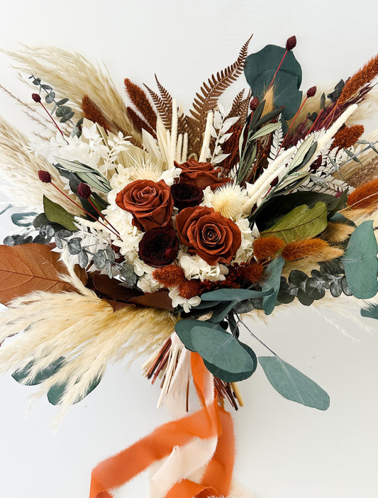 Rust, Terracotta + Burgundy Dried Flower Pampas Grass Bouquet/ Bride and Bridesmaids/ Dried Flower Bouquet/ Wedding Flowers