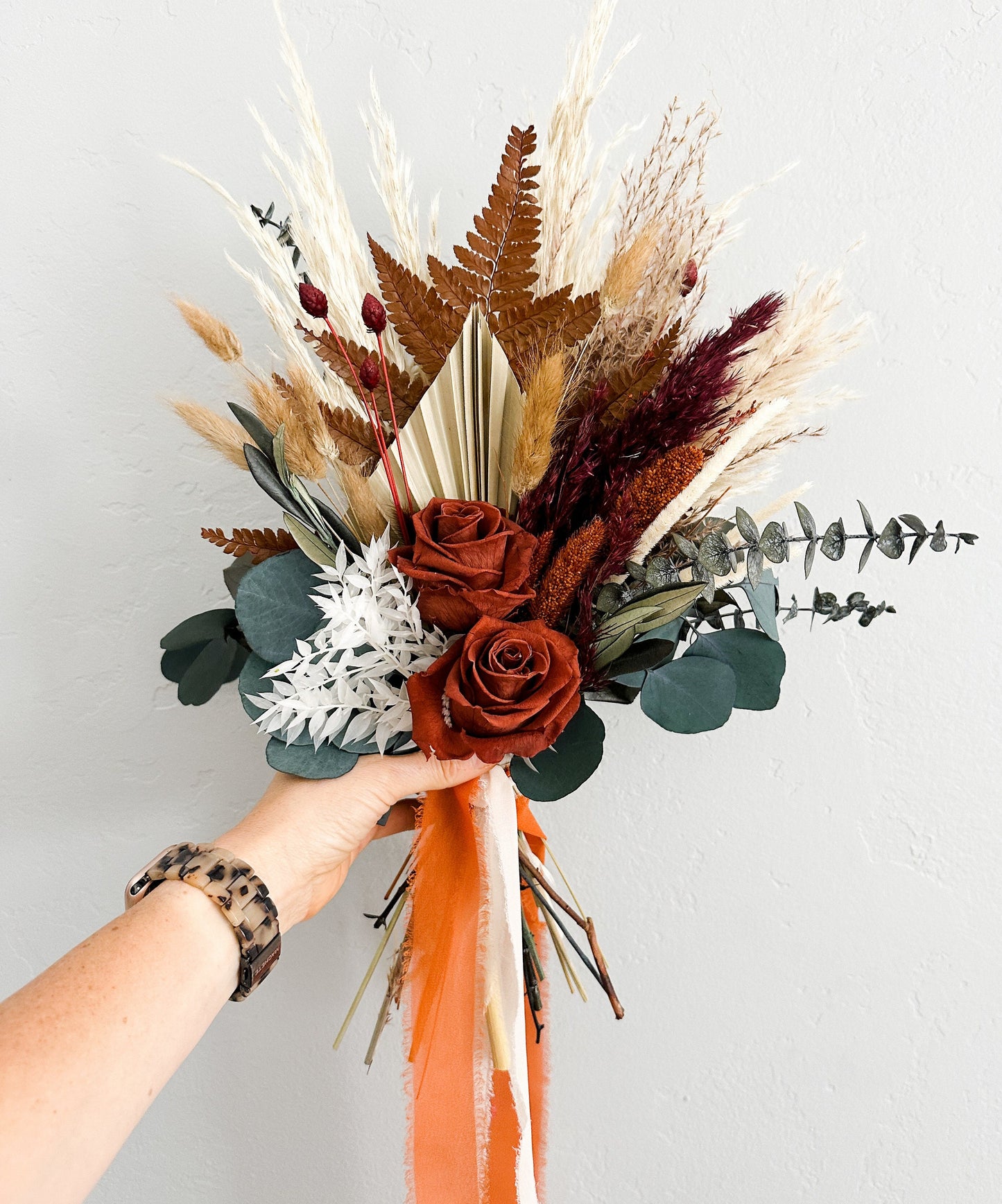 Small Olive, Burgundy + Rust Pampas Grass Bouquet/ Bride and Bridesmaids/ Dried Flower Bouquet/ Wedding Flowers