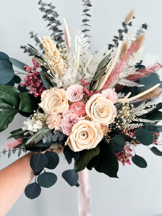 Blush Rose + Strawflower Everlasting  Bouquet/ Bride and Bridesmaids/ Dried Flower Bouquet/ Wedding Flowers