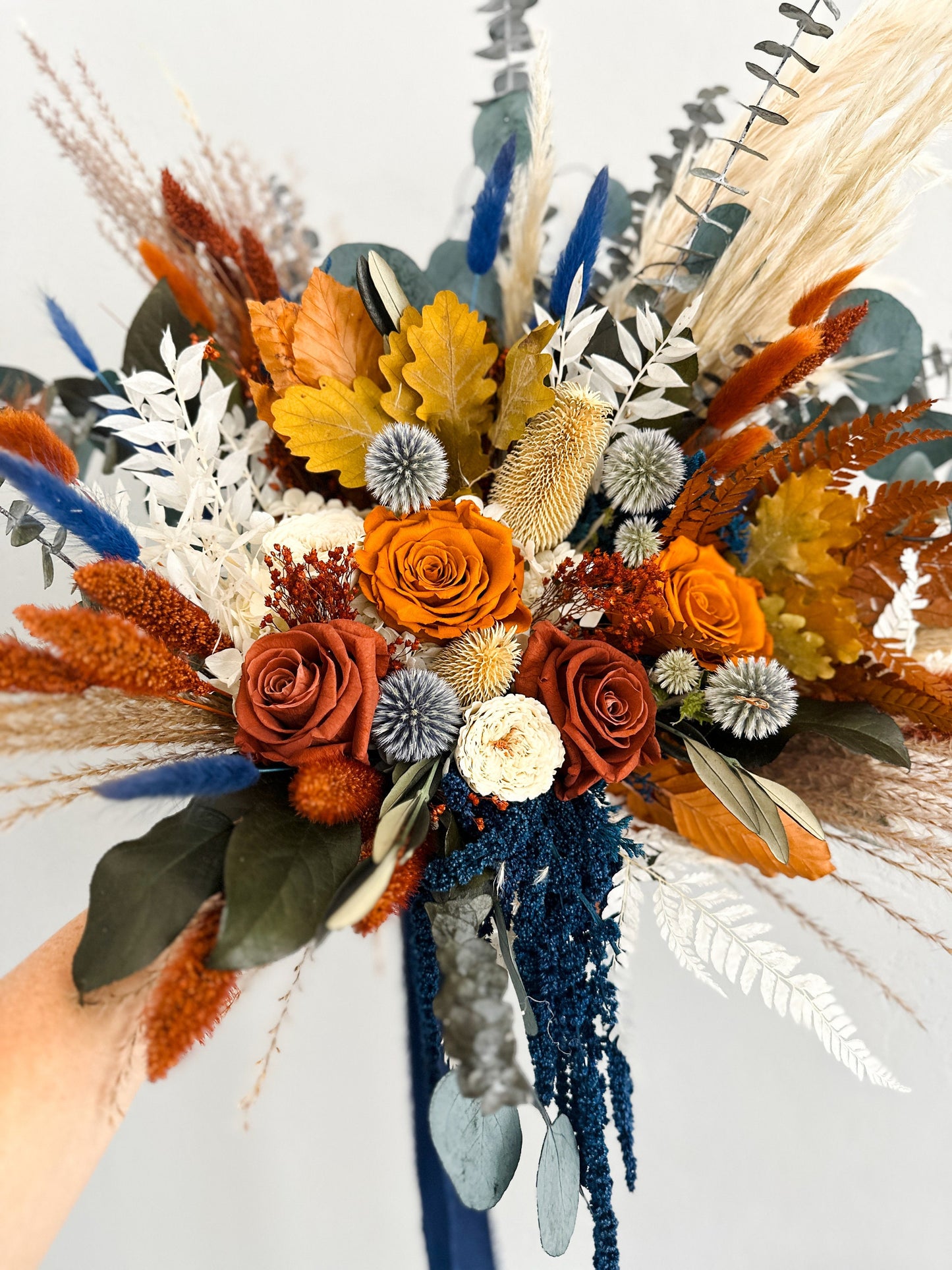 Burnt Orange, Rust + Navy Dried Flower Pampas Grass Bouquet/ Bride and Bridesmaids/ Dried Flower Bouquet/ Wedding Flowers