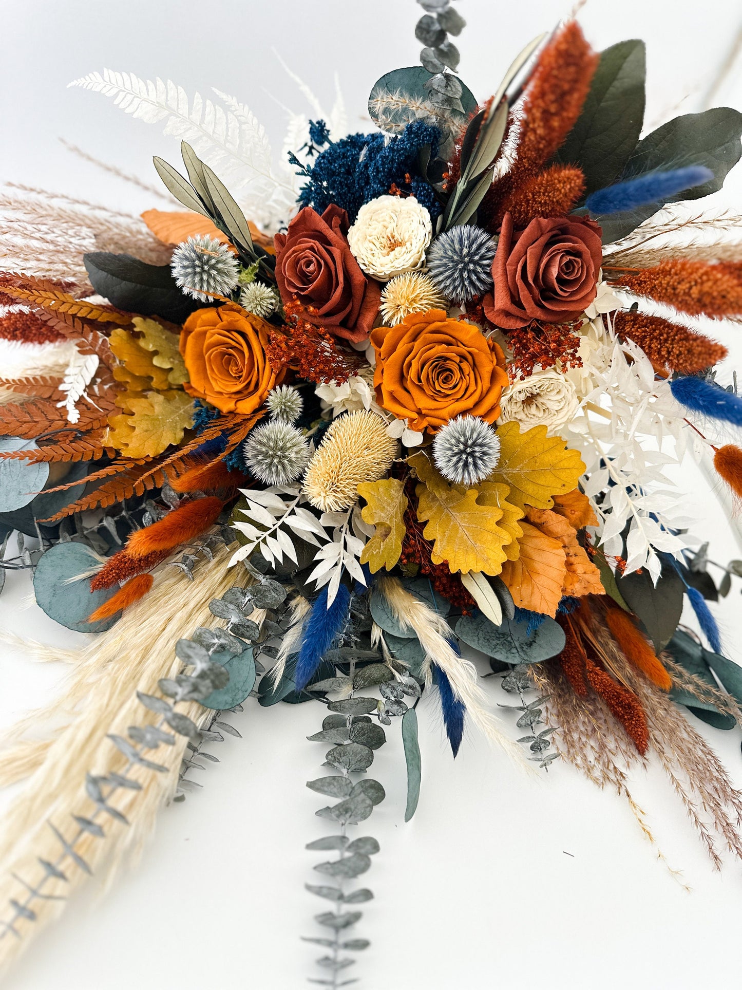 Burnt Orange, Rust + Navy Dried Flower Pampas Grass Bouquet/ Bride and Bridesmaids/ Dried Flower Bouquet/ Wedding Flowers