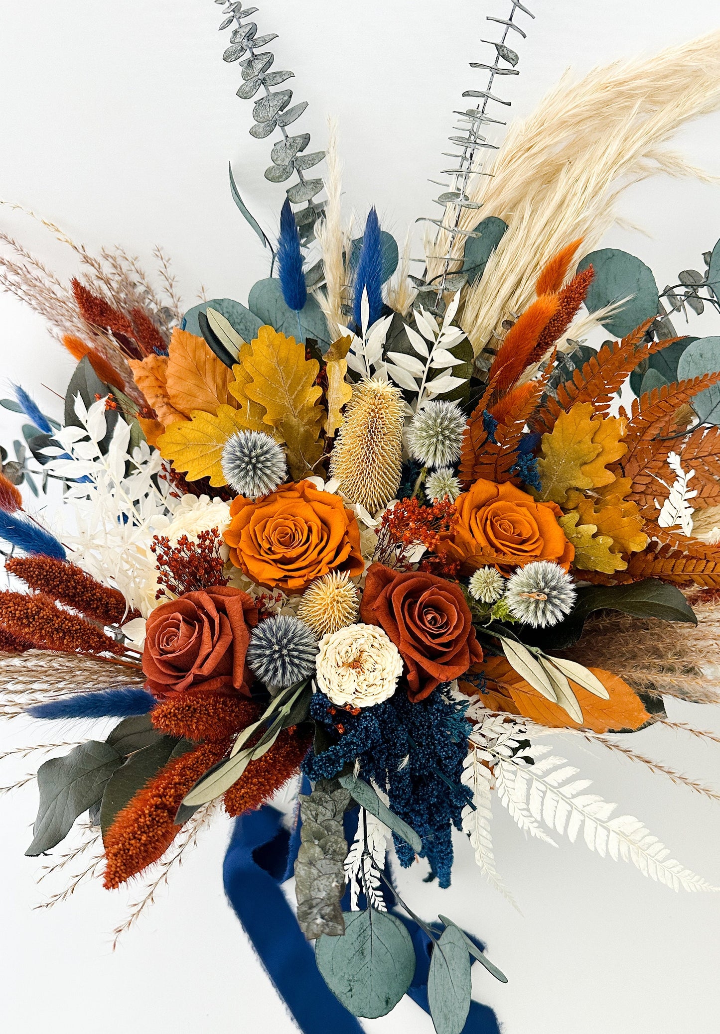 Burnt Orange, Rust + Navy Dried Flower Pampas Grass Bouquet/ Bride and Bridesmaids/ Dried Flower Bouquet/ Wedding Flowers