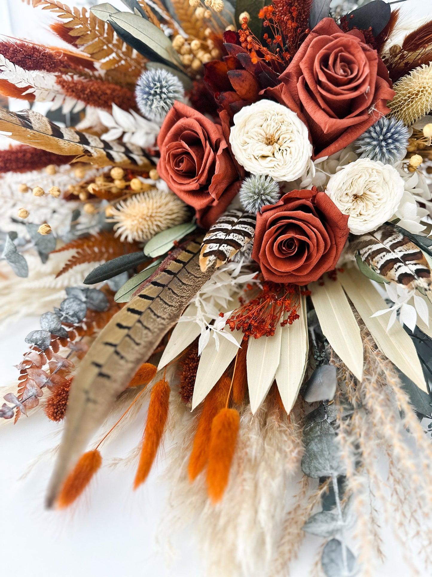 Rust, Dusty Blue + Pheasant Feather Pampas Grass Bouquet/ Bride and Bridesmaids/ Dried Flower Bouquet/ Wedding Flowers