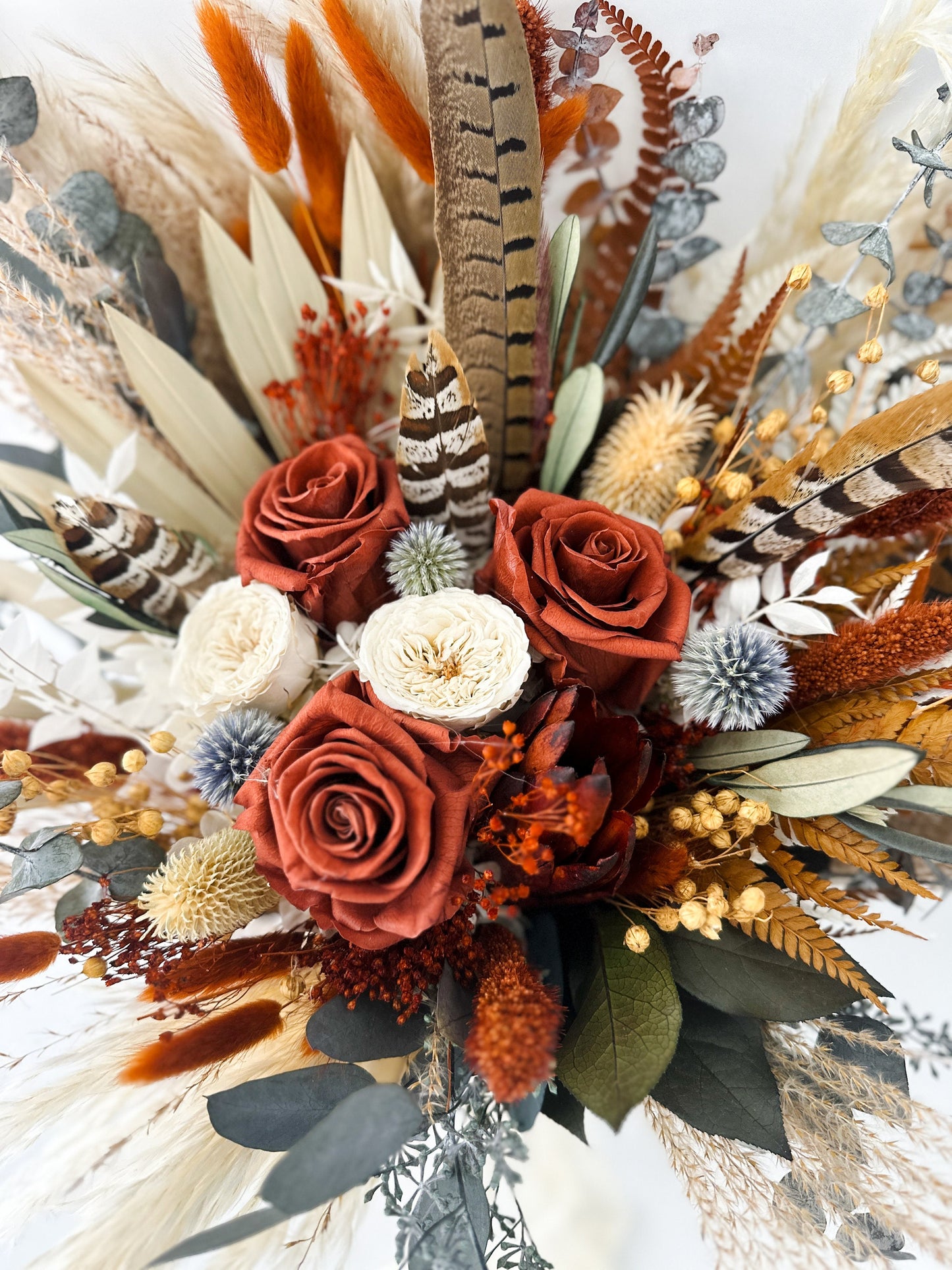 Rust, Dusty Blue + Pheasant Feather Pampas Grass Bouquet/ Bride and Bridesmaids/ Dried Flower Bouquet/ Wedding Flowers