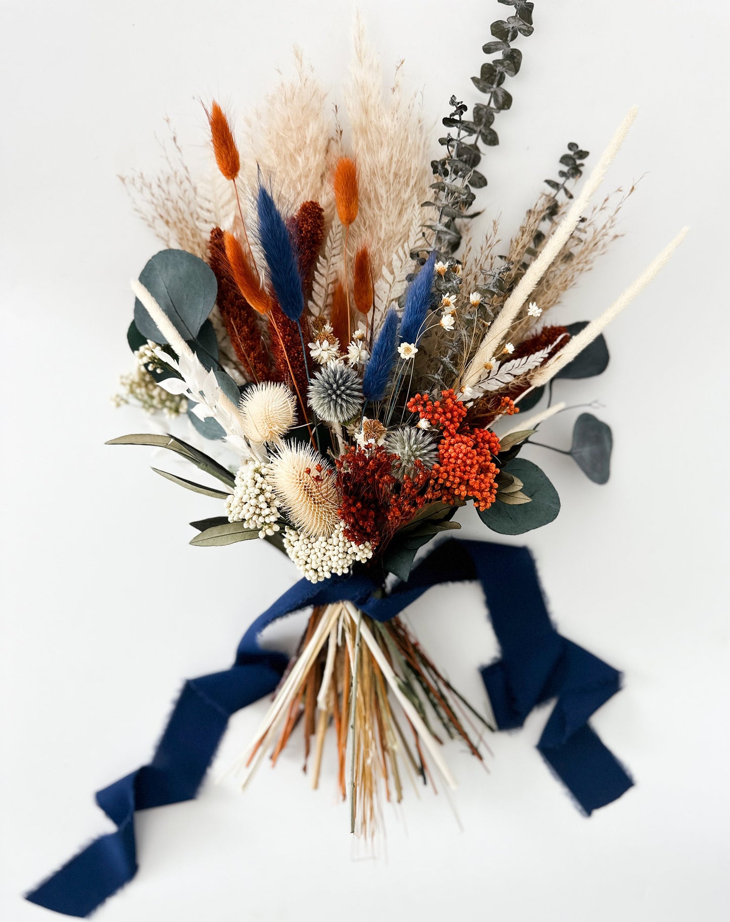 Navy, Terracotta + Dusty Blue Small Dried Floral Bouquet/ Bride and Bridesmaids/ Dried Flower Bouquet/ Wedding Flowers