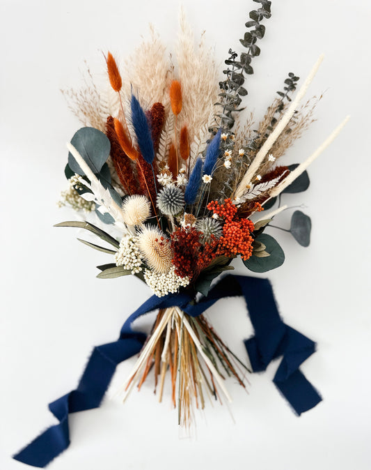 Navy, Terracotta + Dusty Blue Small Dried Floral Bouquet/ Bride and Bridesmaids/ Dried Flower Bouquet/ Wedding Flowers