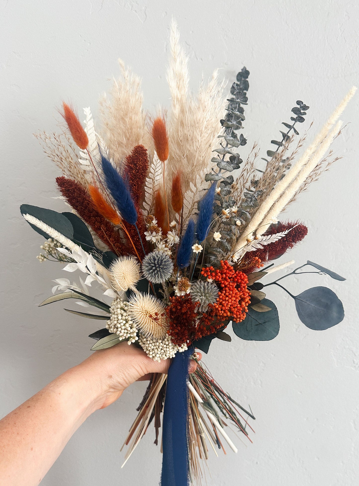 Navy, Terracotta + Dusty Blue Small Dried Floral Bouquet/ Bride and Bridesmaids/ Dried Flower Bouquet/ Wedding Flowers