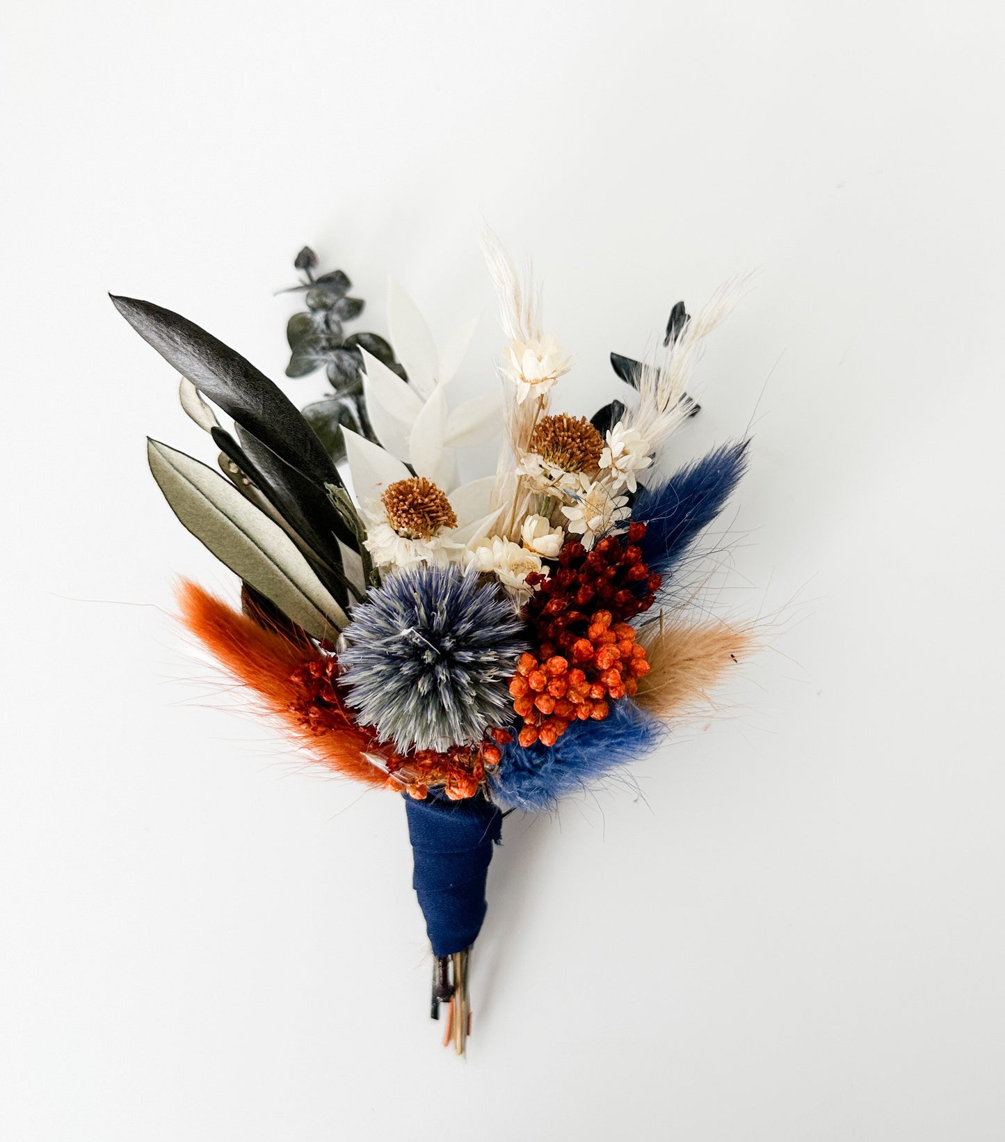 Navy, Terracotta + Dusty Blue Boutonniere/ Wedding Flowers/ Groom and Groomsmen