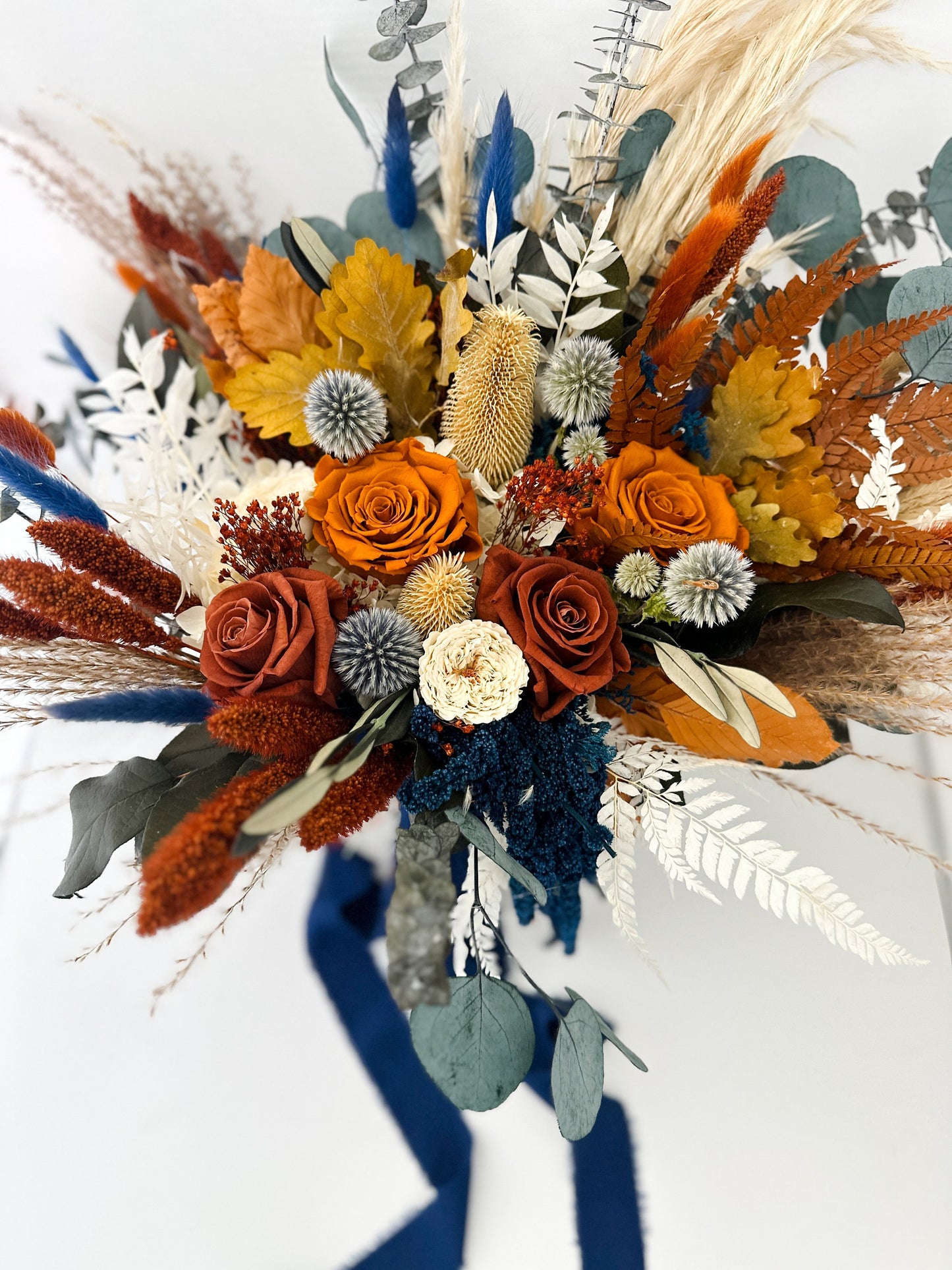 Burnt Orange, Rust + Navy Dried Flower Pampas Grass Bouquet/ Bride and Bridesmaids/ Dried Flower Bouquet/ Wedding Flowers