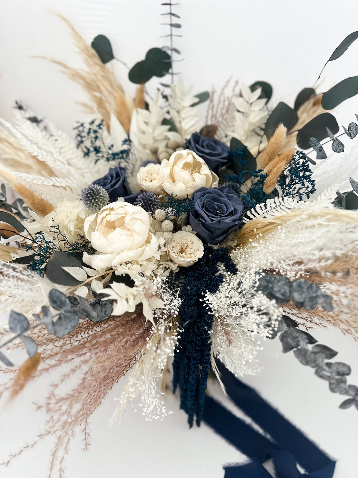 Navy, Dusty Blue Roses + White Peony Pampas Grass Bouquet/ Bride and Bridesmaids/ Dried Flower Bouquet/ Wedding Flowers