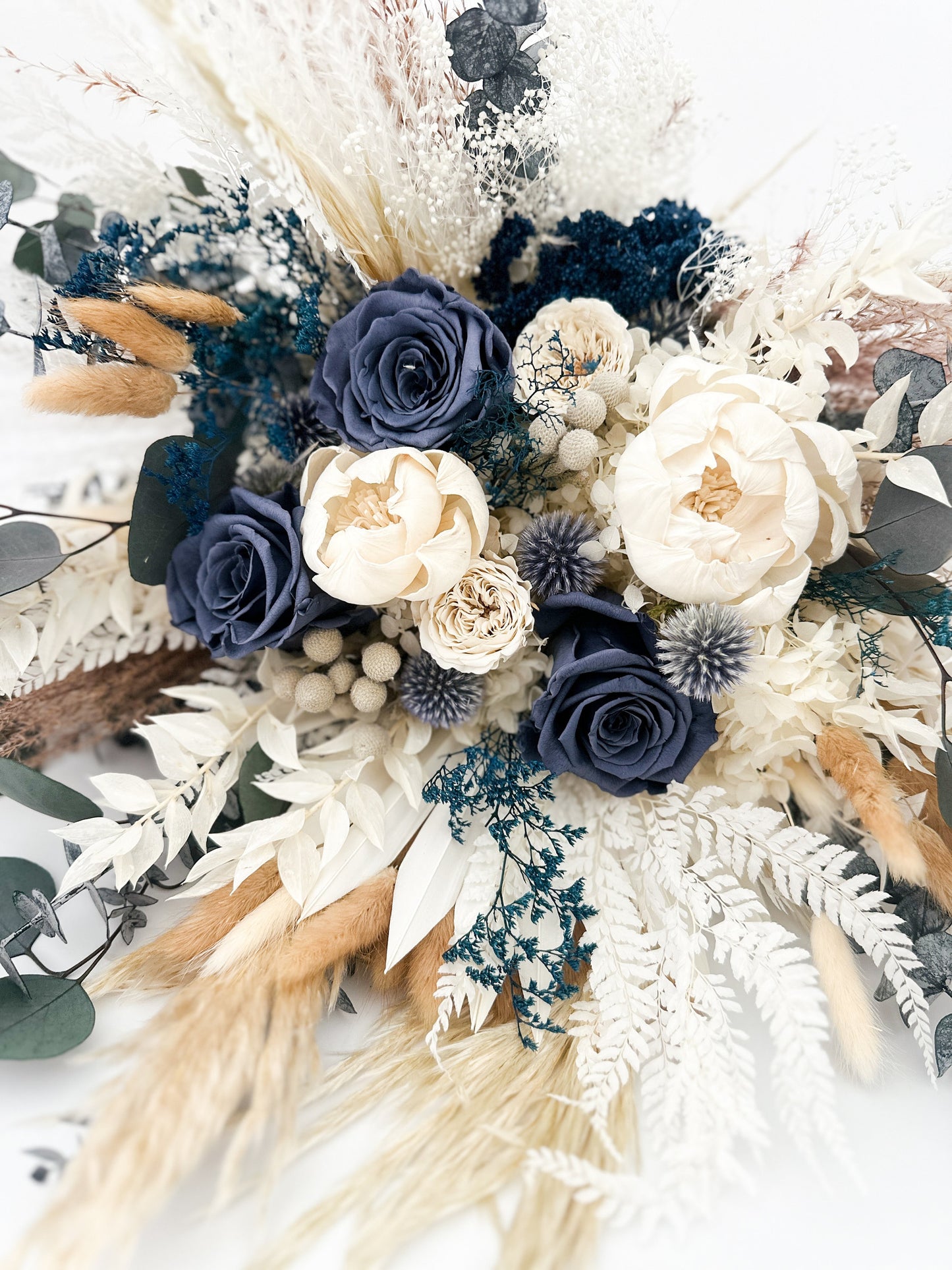 Navy, Dusty Blue Roses + White Peony Pampas Grass Bouquet/ Bride and Bridesmaids/ Dried Flower Bouquet/ Wedding Flowers