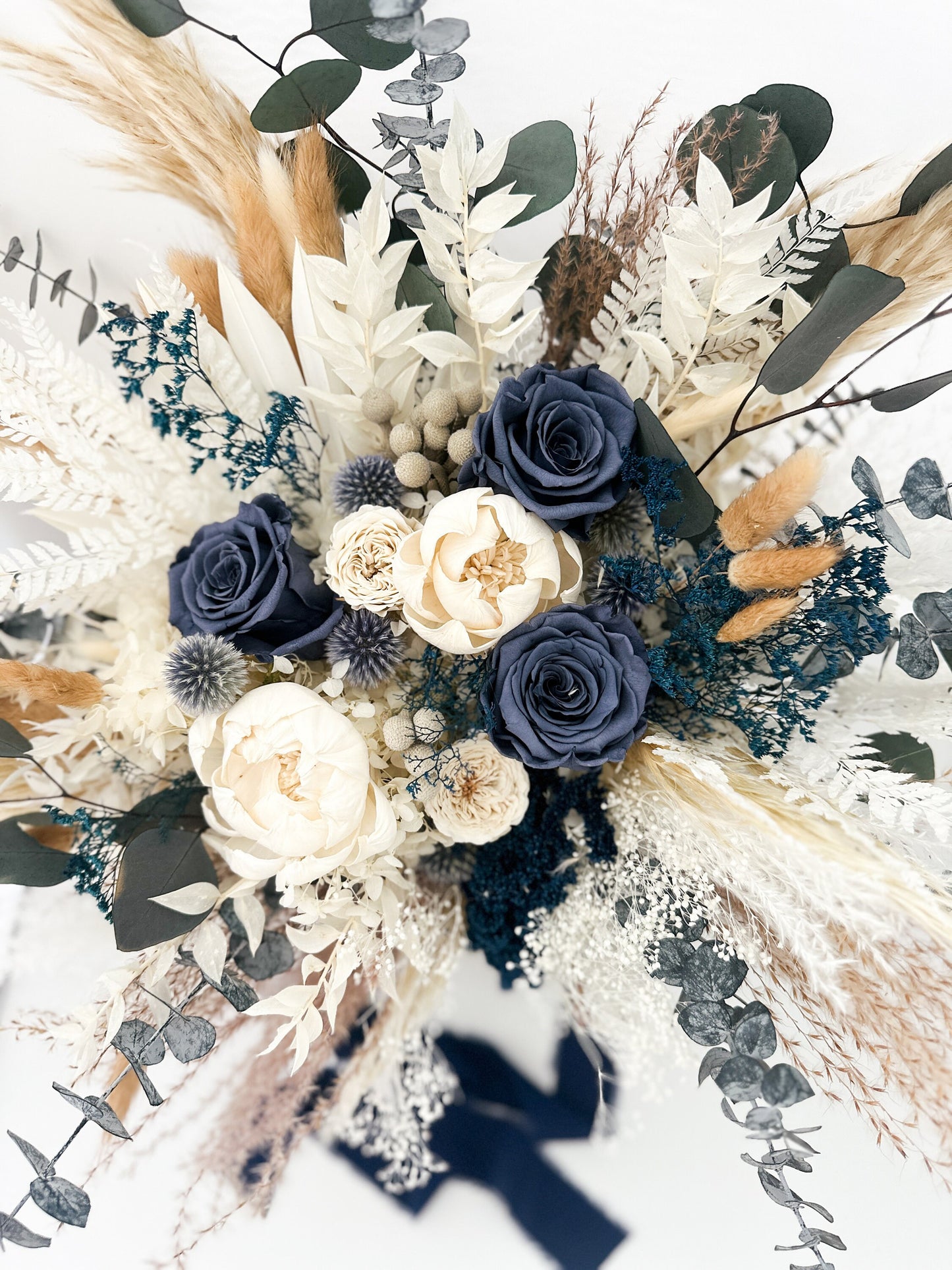 Navy, Dusty Blue Roses + White Peony Pampas Grass Bouquet/ Bride and Bridesmaids/ Dried Flower Bouquet/ Wedding Flowers