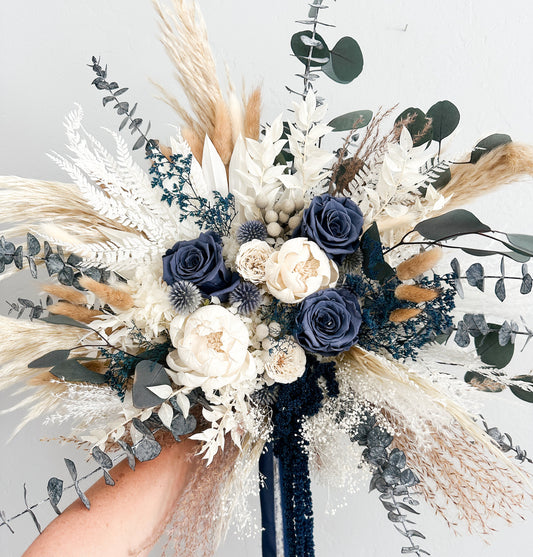 Navy, Dusty Blue Roses + White Peony Pampas Grass Bouquet/ Bride and Bridesmaids/ Dried Flower Bouquet/ Wedding Flowers
