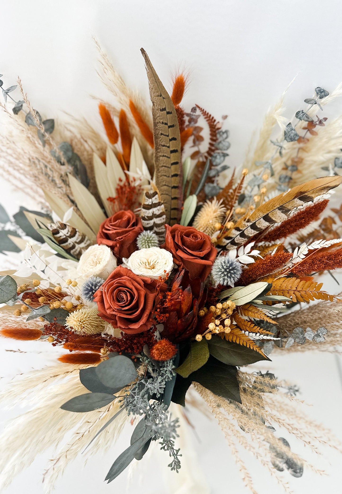 Rust, Dusty Blue + Pheasant Feather Pampas Grass Bouquet/ Bride and Bridesmaids/ Dried Flower Bouquet/ Wedding Flowers