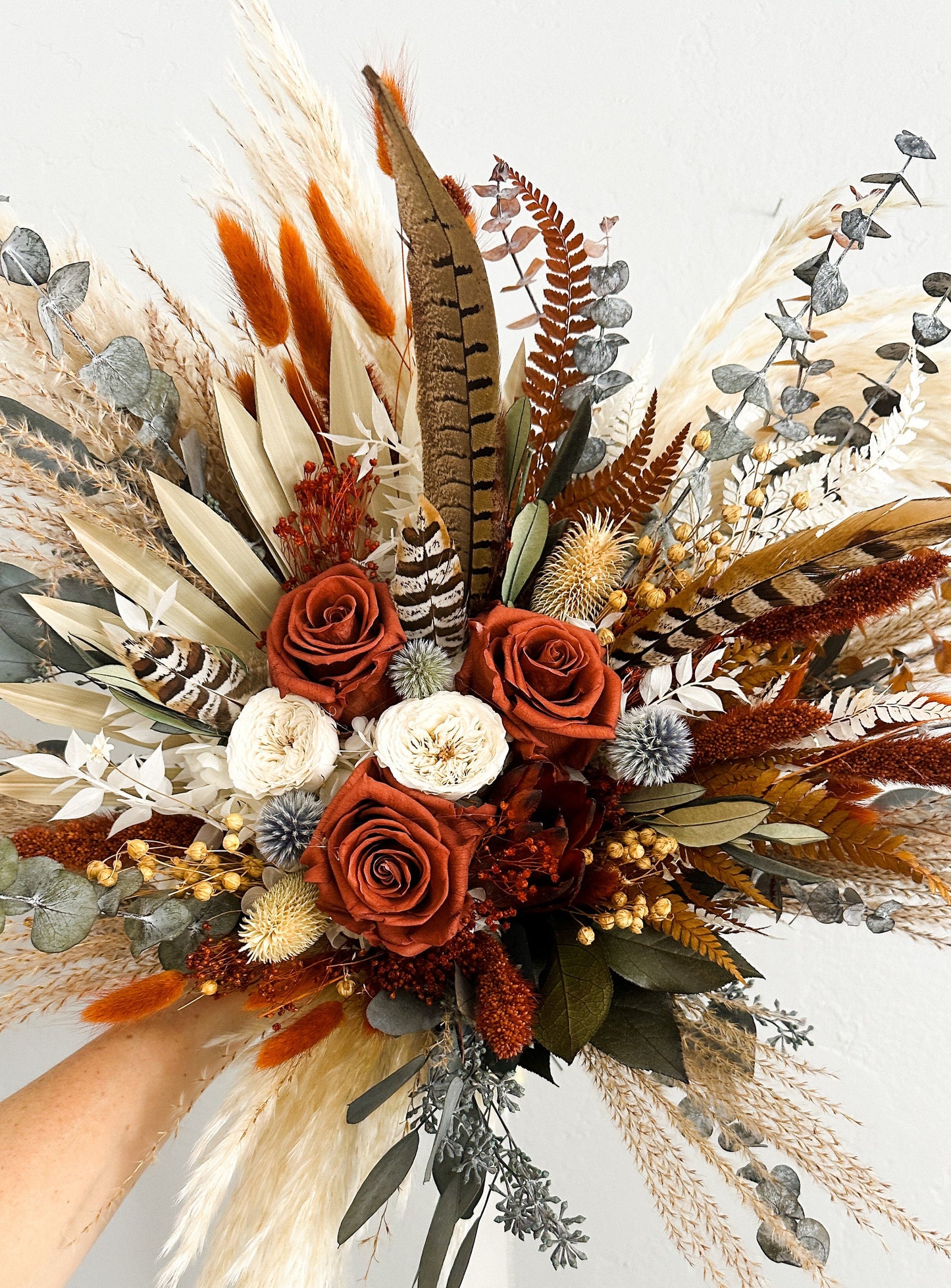 Rust, Dusty Blue + Pheasant Feather Pampas Grass Bouquet/ Bride and Bridesmaids/ Dried Flower Bouquet/ Wedding Flowers