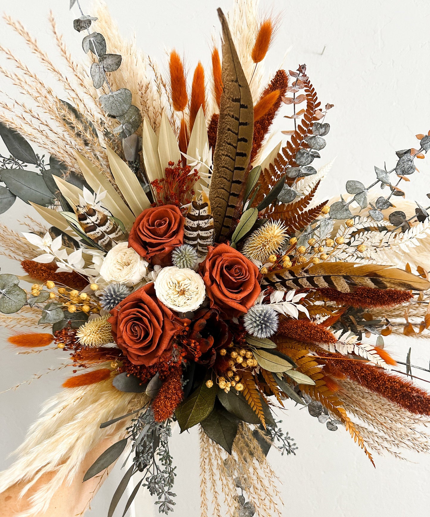 Rust, Dusty Blue + Pheasant Feather Pampas Grass Bouquet/ Bride and Bridesmaids/ Dried Flower Bouquet/ Wedding Flowers