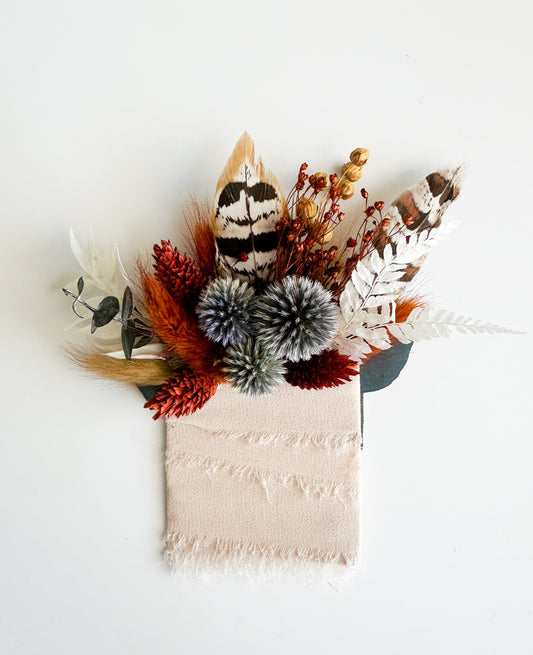 Pheasant feather, rust, dusty blue + Greenery Dried Flower Pocket Boutonniere/ Wedding Flowers/ Groom and Groomsmen/ Dried Flowers
