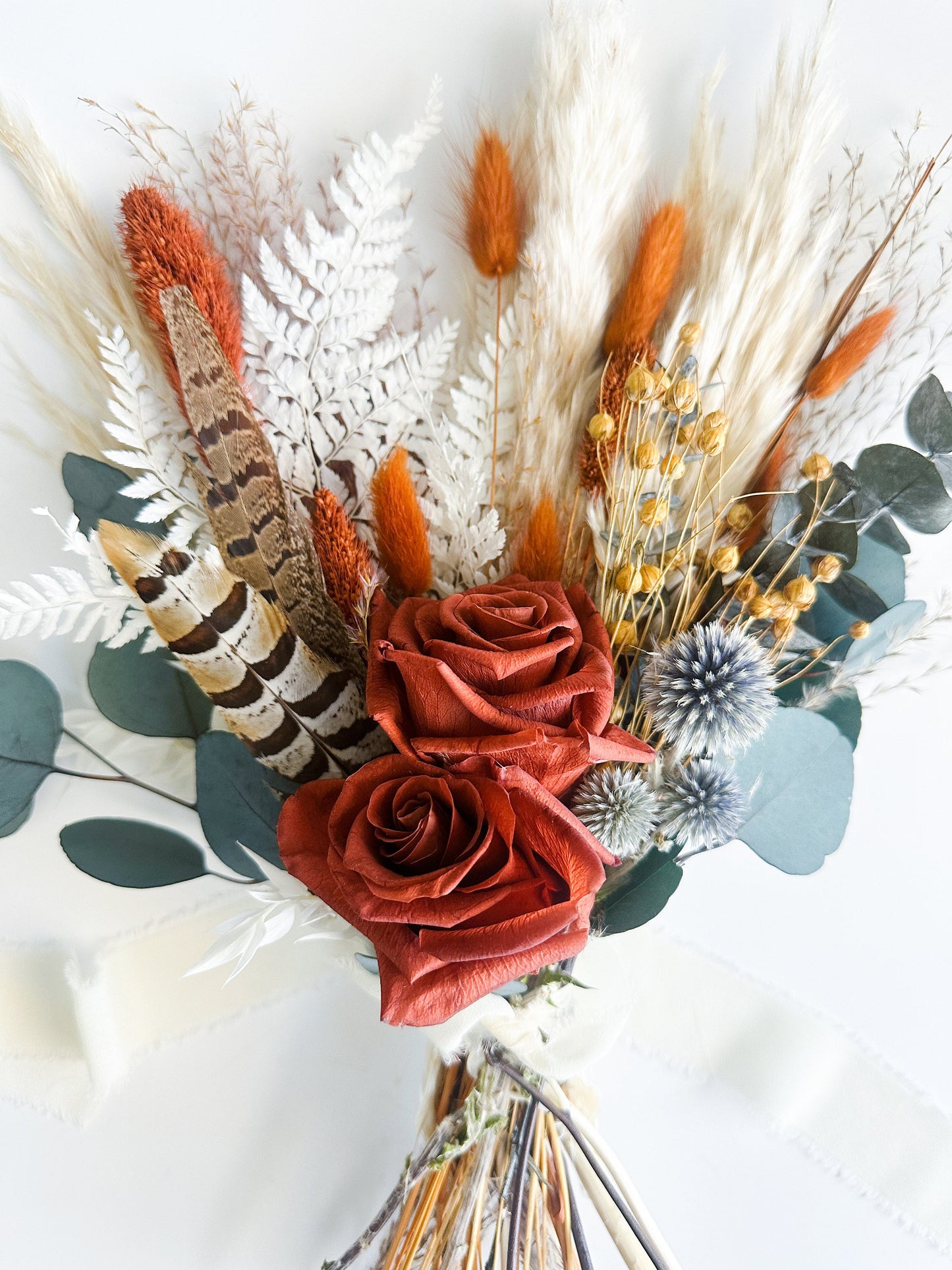 Small Rust Rose, Pheasant Feather + Dusty Blue Bouquet/ Bride and Bridesmaids/ Dried Flower Bouquet/ Wedding Flowers